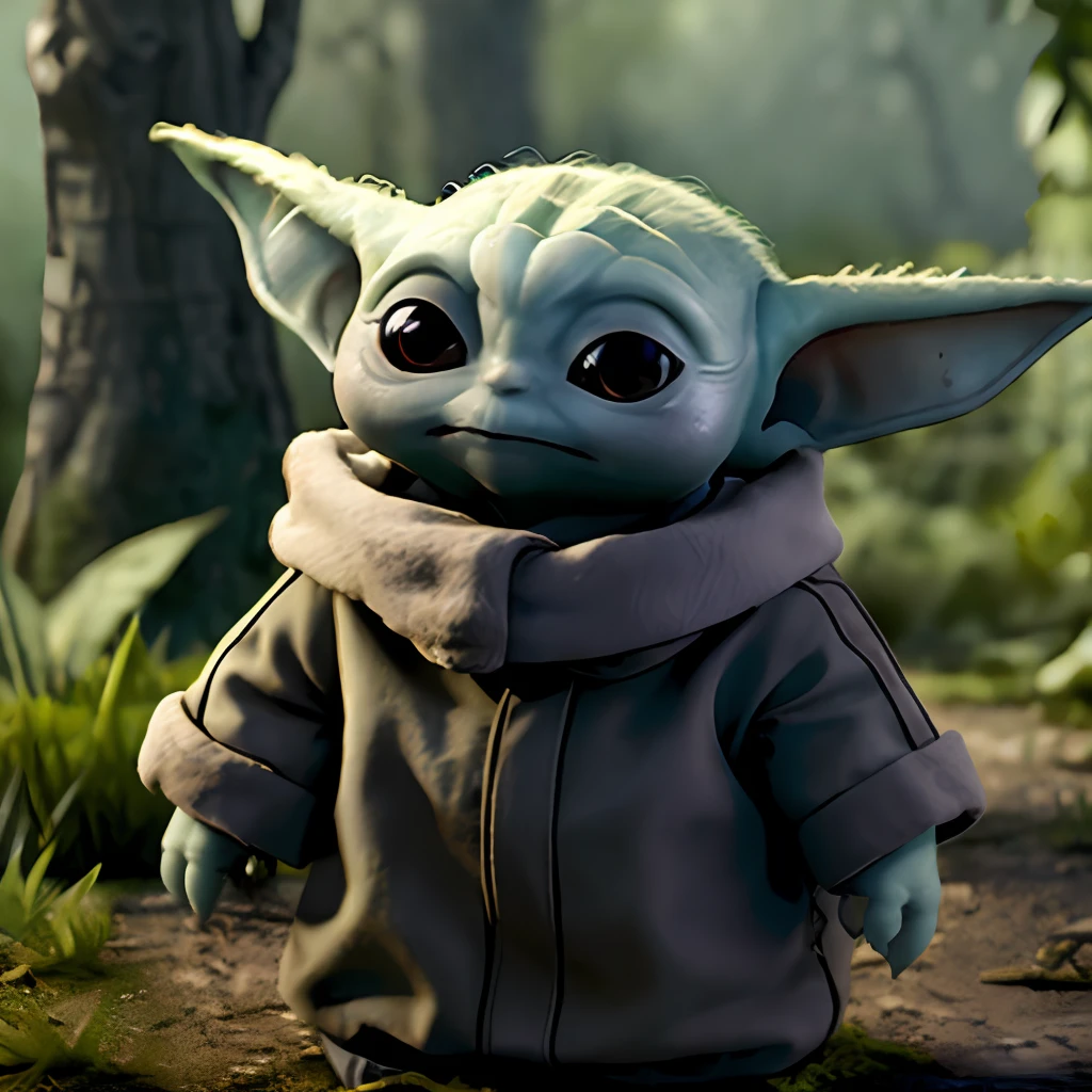 una caricatura en 3D de lindo (bebé_yoda) De pie en el bosque, arte digital, Alta resolución, Muy detallado, mejor calidad, guerra de las Galaxias,