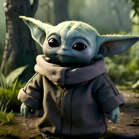 a 3d cartoon of cute (baby_yodah) standing in the woods, digital art, high resolution, very detailed, best quality, star wars,