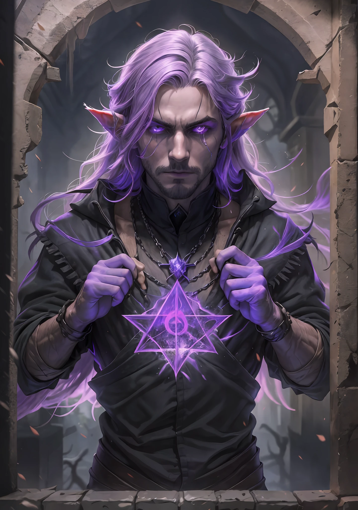 one  men, Pale and mysterious Eladrin. Your skin is almost translucent, with a slight greenish glow, Her straight black hair falls over her shoulders, contrasting with his deep and intense eyes, which have a gloomy violet tinge, wear black and light clothes, with details in shades of purple, He carries with him his grimoire of black magic and his gaze carries an aura of dark power.