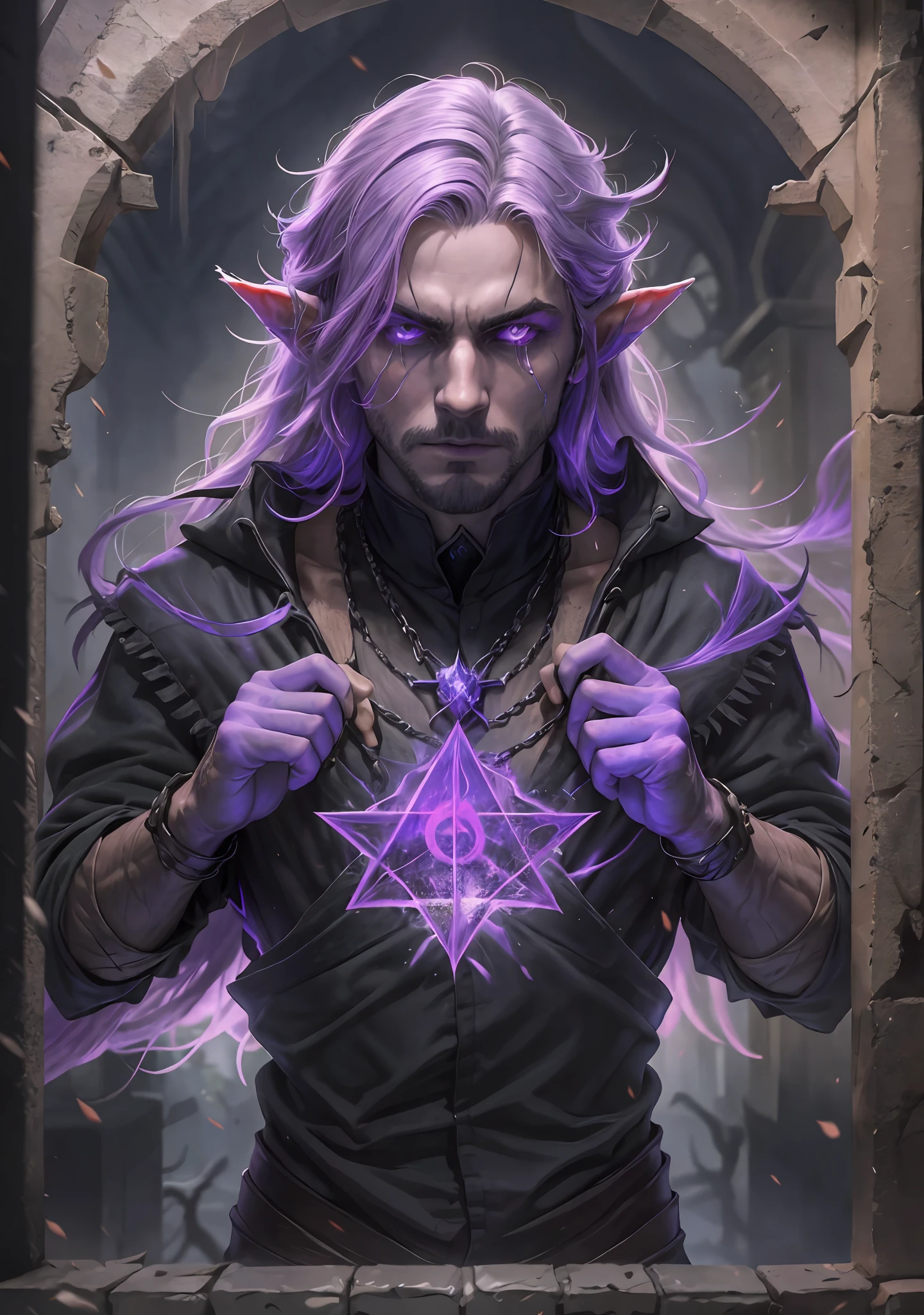 um homem, Pale and mysterious Eladrin. Your skin is almost translucent, com um leve brilho esverdeado, Seus cabelos negros e lisos caem sobre seus ombros, contrastando com seus olhos profundos e intensos, which have a gloomy violet tinge, veste roupas negras e leves, com detalhes em tons de roxo, He carries with him his grimoire of black magic and his gaze carries an aura of dark power.