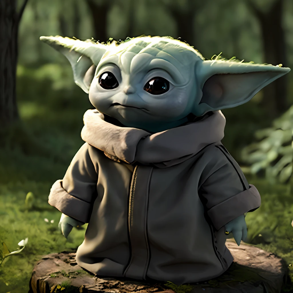 un dessin animé 3D de mignon (Bébé_Yoda) debout dans les bois, art numérique, haute résolution, très détaillé, Meilleure qualité, Guerres des étoiles,