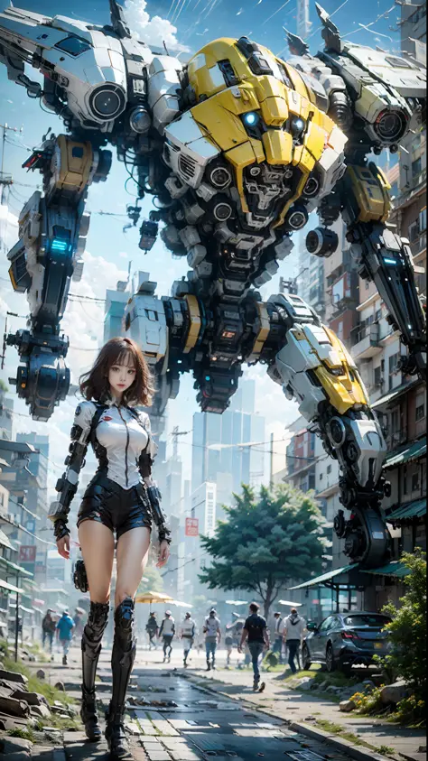 ((Best quality)), ((masterpiece)), (highly detailed:1.3), 3D,Shitu-mecha, beautiful cyberpunk women with her mecha in the ruins ...