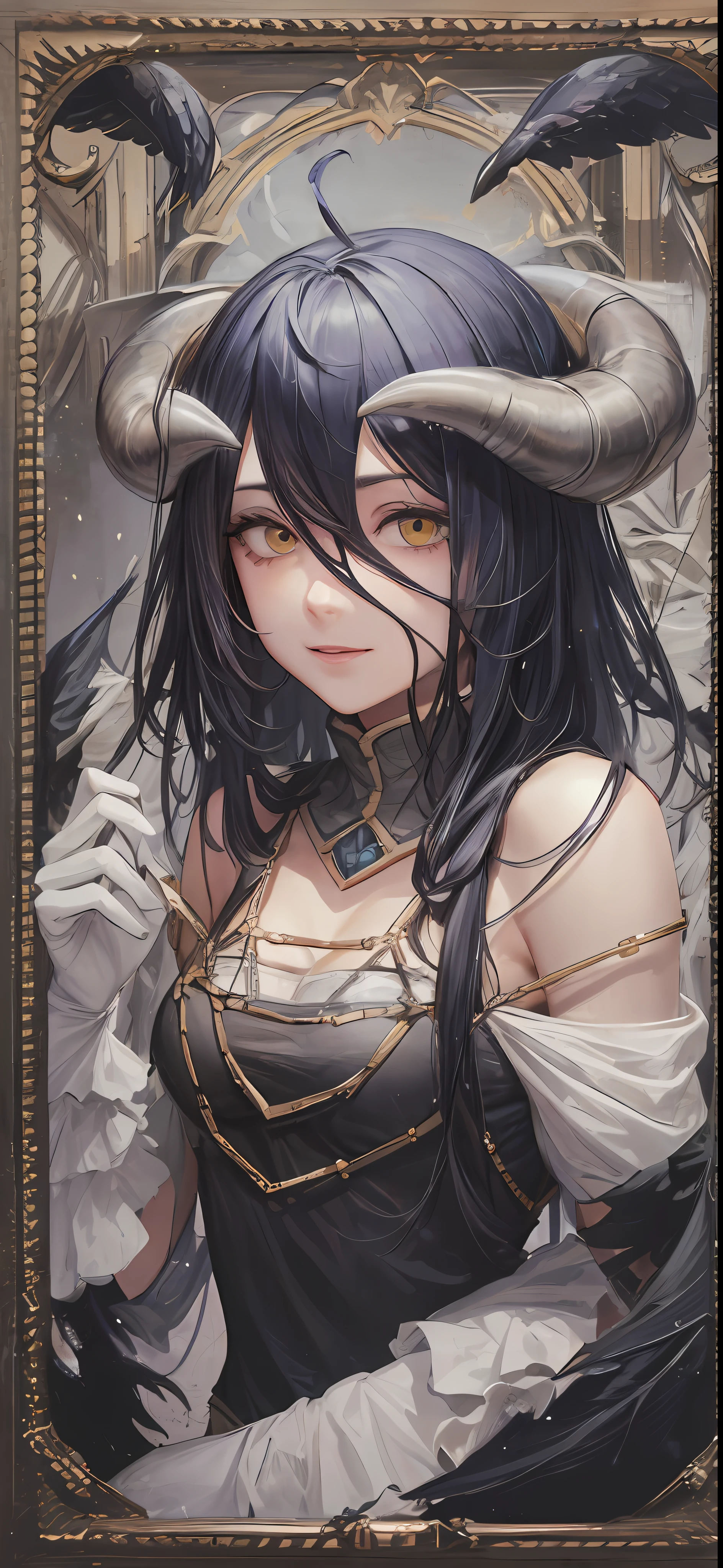 ​masterpiece, best qualit, high res, al1, demon horns, slit pupils, white gloves, white dress, bare shoulders, detached collar, Cleavage, black wings, feathered wings, low wings, cowboy  shot, standing, dungeon, evil smile, reaching out, spread arms, outstretched arms,