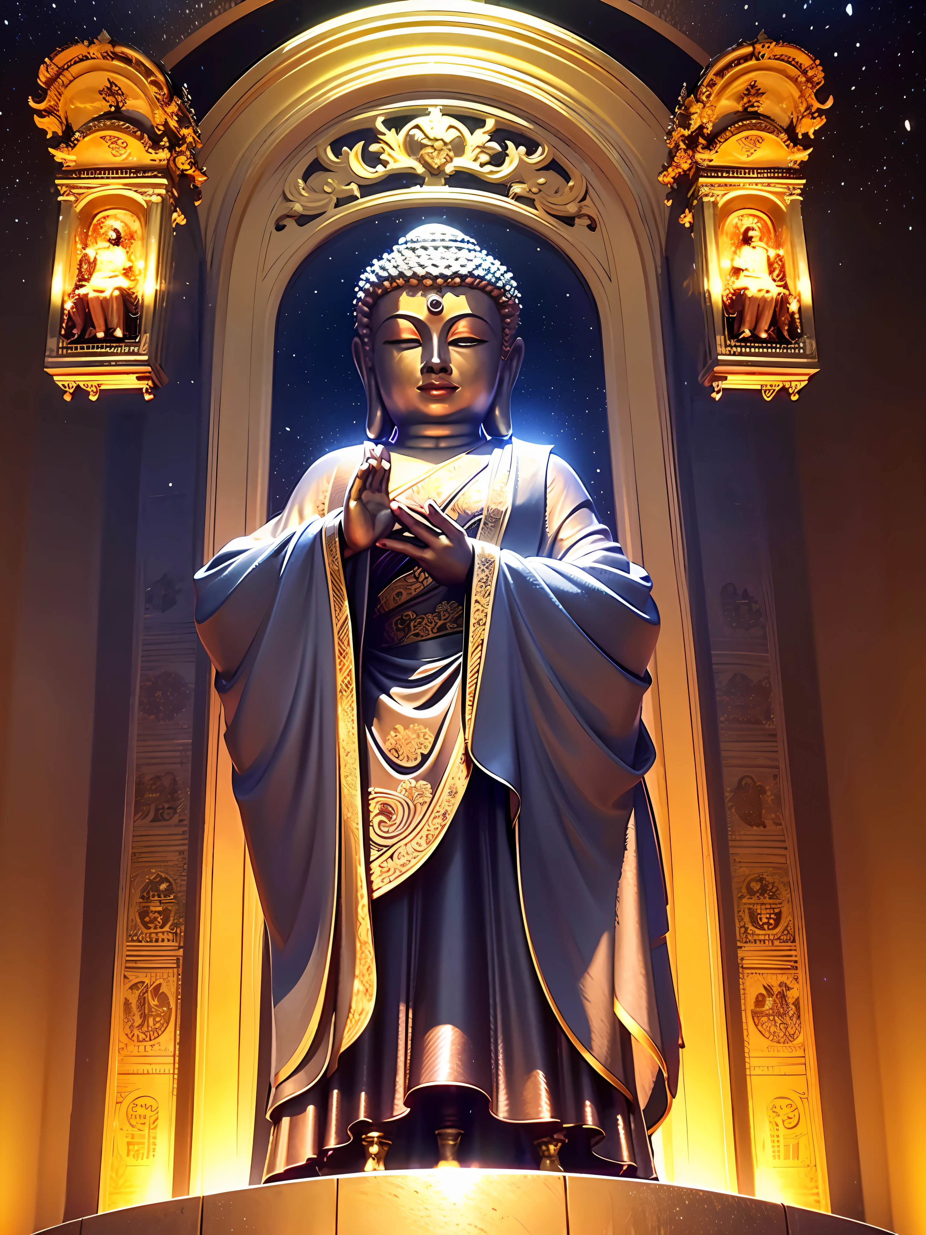 Maitreya, Maitreya Buddha, Maitreya, a large golden Buddha statue sitting in a room with a blue ceiling and a background of blue sky, clouds, above_clouds, airship, aurora, bridge, building, castle, chimney, city, city_lights, cityscape , clock, clock tower, clouds, cloudy sky, constellations, crescent, desert, earth_\(planet\), fireworks, floating islands, fountains, galaxies, glowing, houses, islands, lampposts, lanterns, light particles , galaxy, moon, mountain, night, night sky, no_humans, planet, landscape, meteor, sky, skyline, skyscraper, snow, snowing, space, star_\(sky\), star_\(symbol\), starry_sky, starry_sky_print, telescope, tower, town, twilight, ship