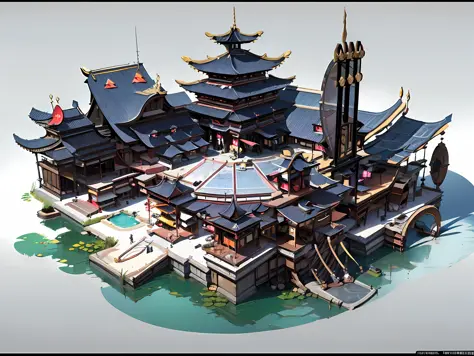 Ancient Chinese architectural design，Game Building，Ancient restaurant，Incredible design，ultra wide angle、Panorama view、viewed fr...