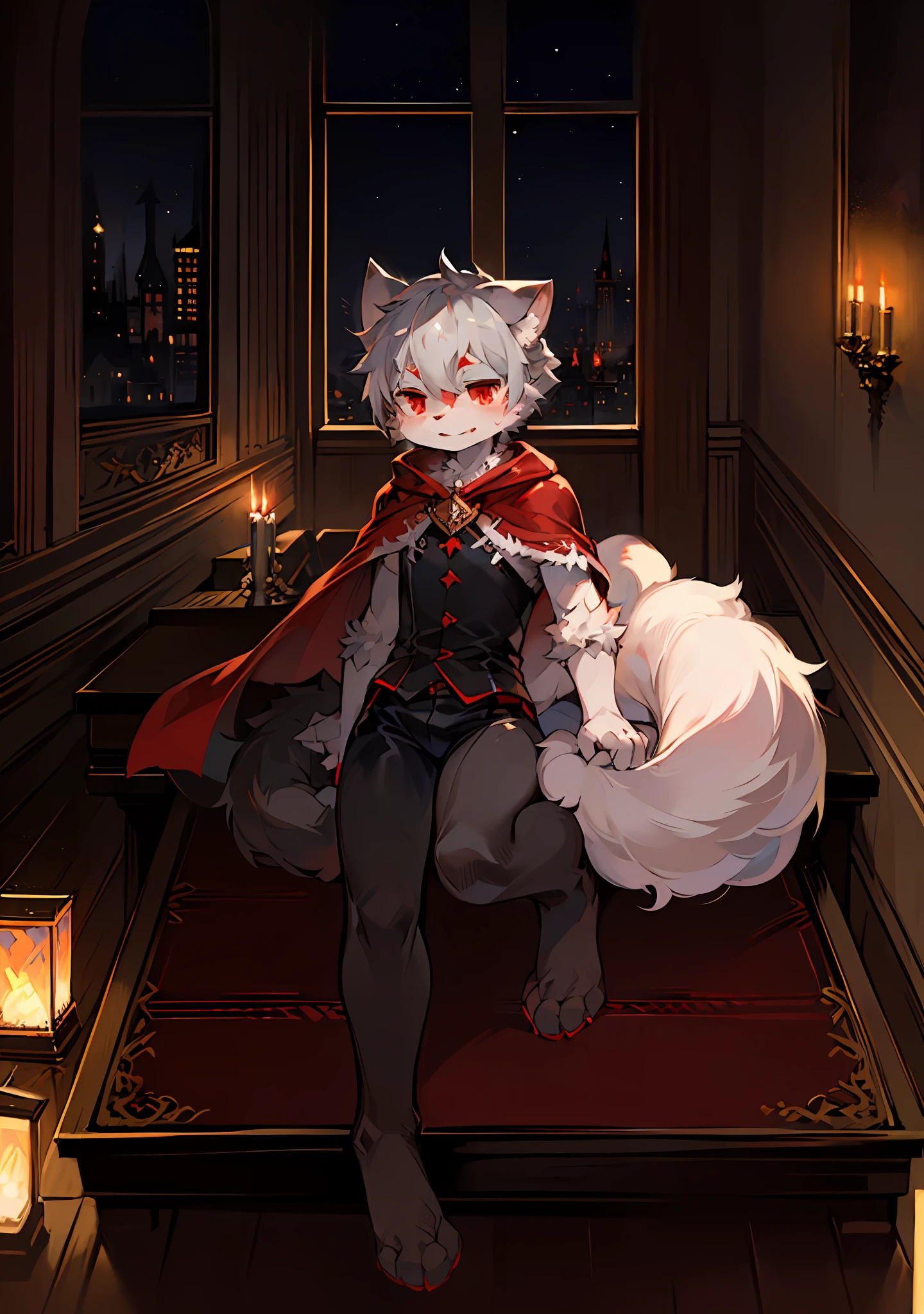 (dark environment:0.8),masterpiece, high quality, absurd res, digital painting \(artwork\), by dagasi, yupa,kiyosan,(anthro,fluffy fur,character focus:1.1),anthro male cat,short hair,portrait, bright eyes,panorama,character focus.(detailed background:0.7),solo,furry,furry male ,male focus,anthr,(Full body fur, fluffy tail, white fur,red eyes,gray hair:1.2),(long canines,vampire, cape:1.2),(interior,night, castle, coffin:1.1)