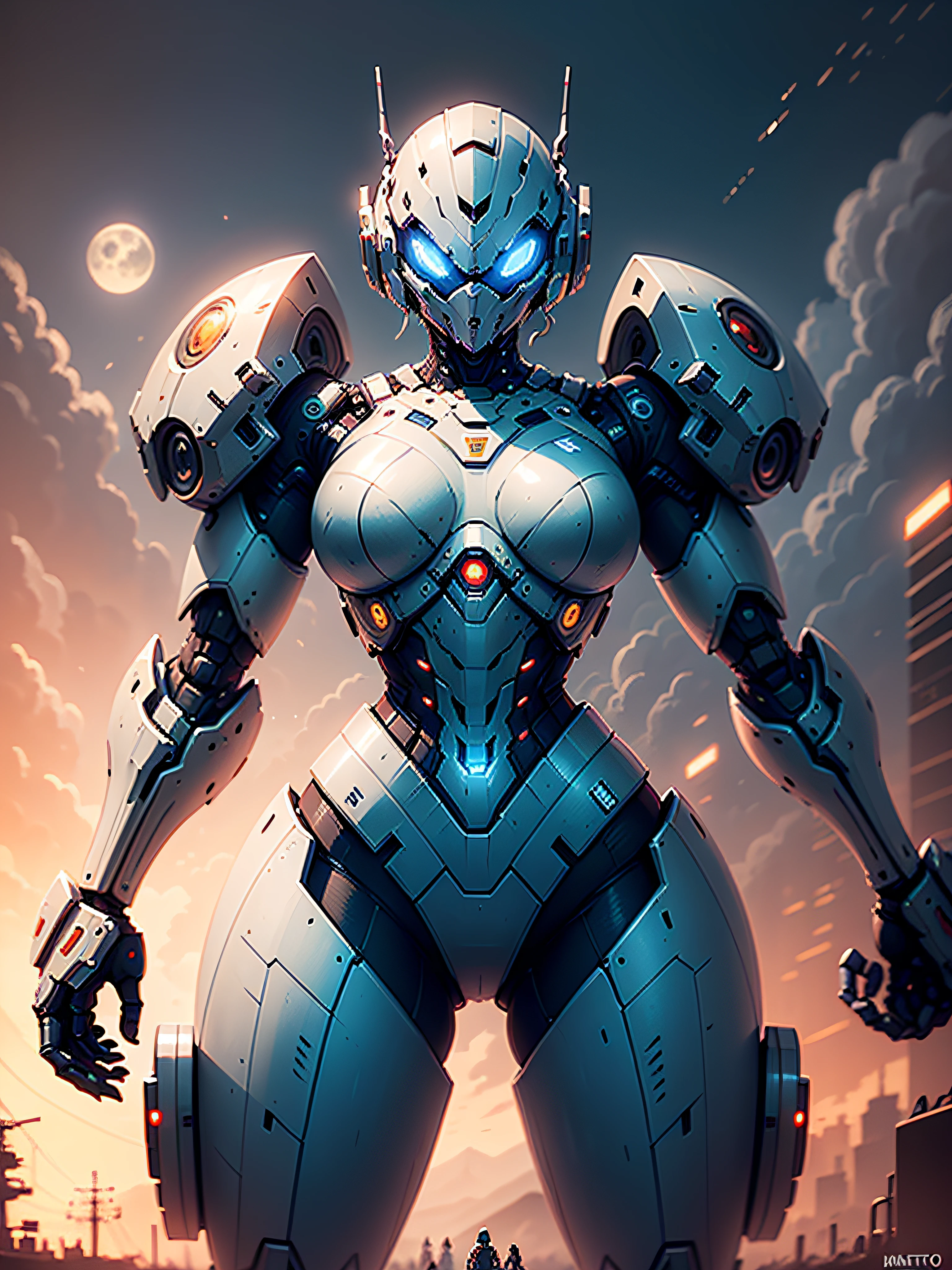 Espace marin, Marteau 40,000, monde en guerre, belle femme cyberpunk avec maître chef d&#39;armure mecha halo très détaillé, Mecha Warframe, couleurs vives, rouge, Blanc, bleu, vert, jaune métallisé, rouillé, Utilisé, taché de sang, avec ciel avec nuages et pleine lune et cuirassés, corps complet avec armure détaillée, champ de bataille sanglant,