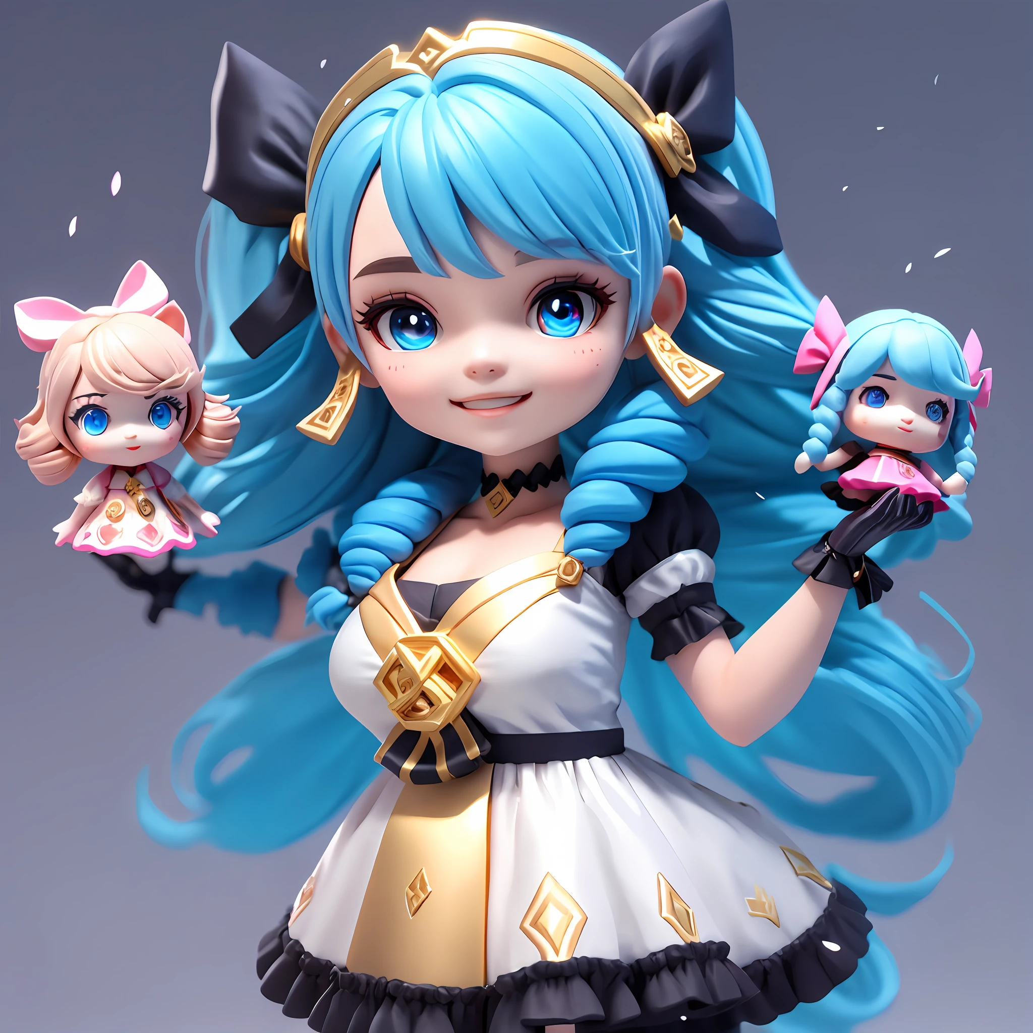 1girls, Black bow, Black gloves, black legwear, blue eyes, Blue hair, clarkbone,Spiral braids， dress, Drill hair, Frilled dress, frils, mitts, gwen\(league of legend), hairornament，high resolutions，League legendary，slong hair，Split lips，puff sleeves，Pink pupils，smiled，solo，White dress，x，x hair accessories，Gigantic big ，inside room，semi naked，Delicate hair，Arm carving，Blue hair，blossoms，Delicate shoes，Depiction of facial features，Delicate facial features，Eye portrayal，Delicate hair，Popmart blind box，Clay texture，the golden ratio，Black and white background，NaturalLighting，the best qualityt，ultra detail，3d art，C4D, OC renderer, 3d render, 8K，Various actions，Blushlush，Q version，（Big-headed doll:2），midget，Round toot