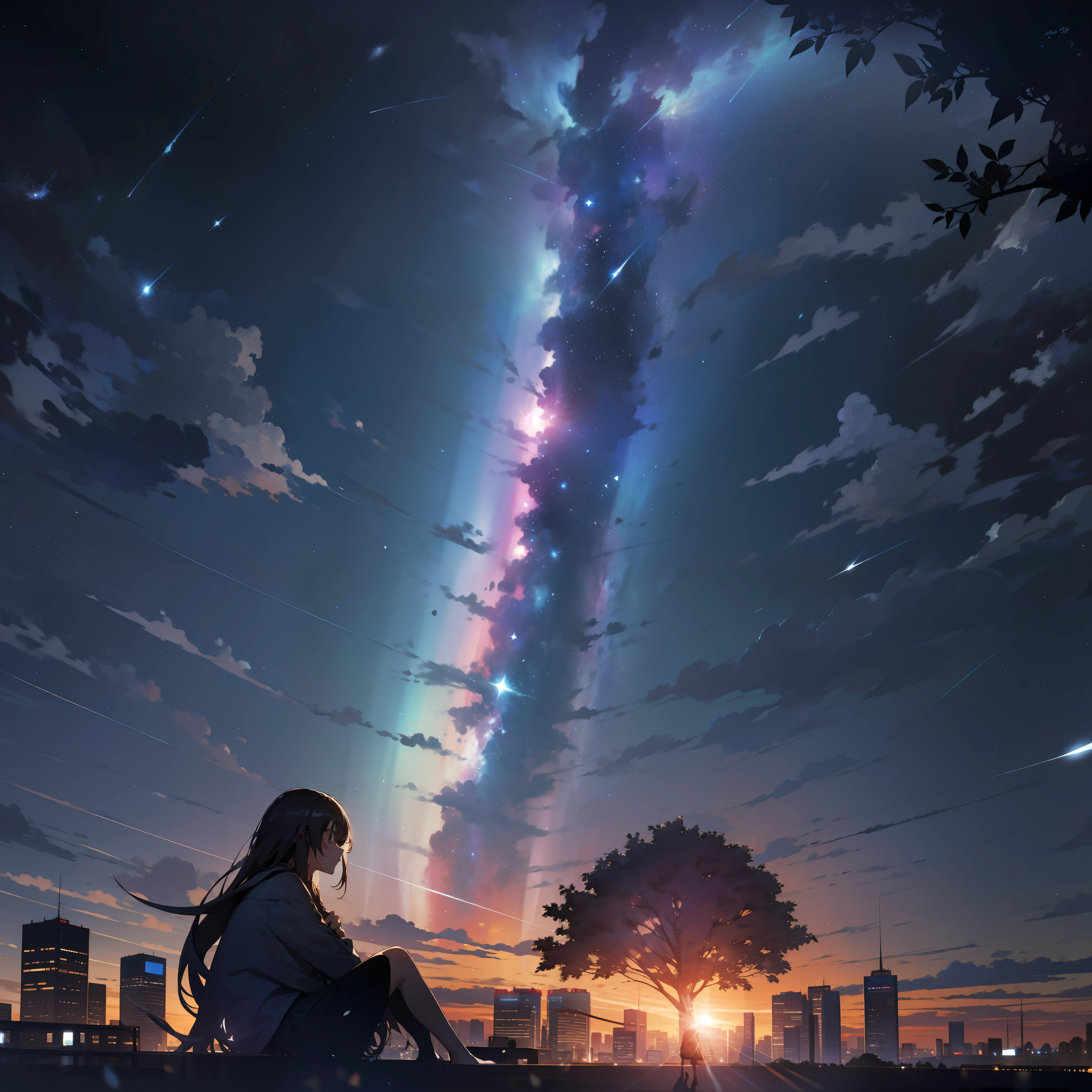 Ciel, étoile (Ciel), paysage, étoilery Ciel, nuit, 1fille, nuit Ciel, seulement, En plein air, bâtiment, nuage, voie Lactée, Séance, arbre, cheveux longs, Ville, silhouette, Villescape