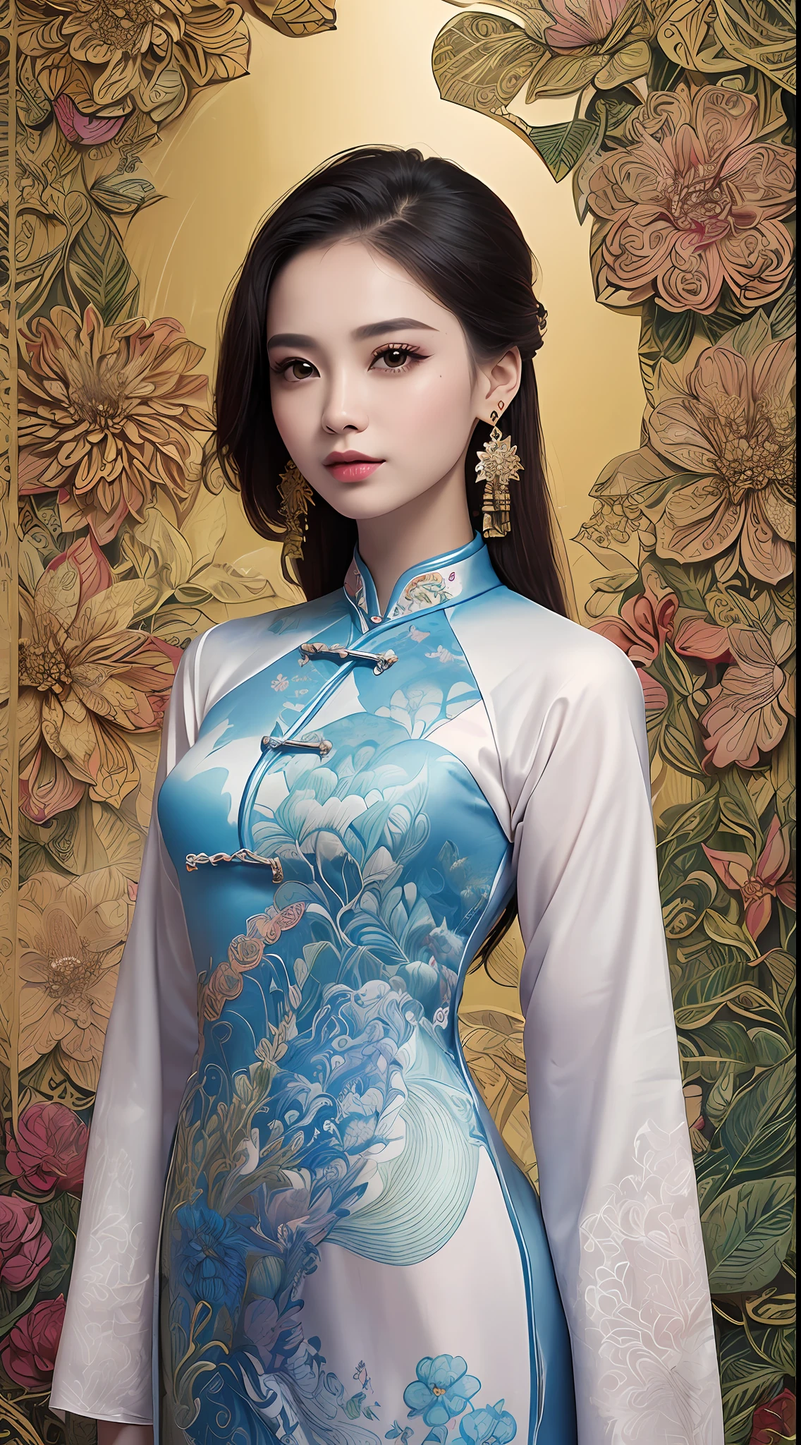 (chef-d&#39;œuvre, Qualité supérieure, meilleure qualité, art officiel, beau et esthétique:1.2), (une belle fille en aodai vintage:1.3), extrêmement détaillé,(art fractal:1.1),(coloré:1.1)(fleurs:1.3),le plus détaillé,(emmêlé:1.2), (pose dynamique), (abstrait:1.3), (tissu traditionnel vietnamien:1.2), (peau brillante), (plein de couleurs:1.4), ,(des boucles d&#39;oreilles:1.4),