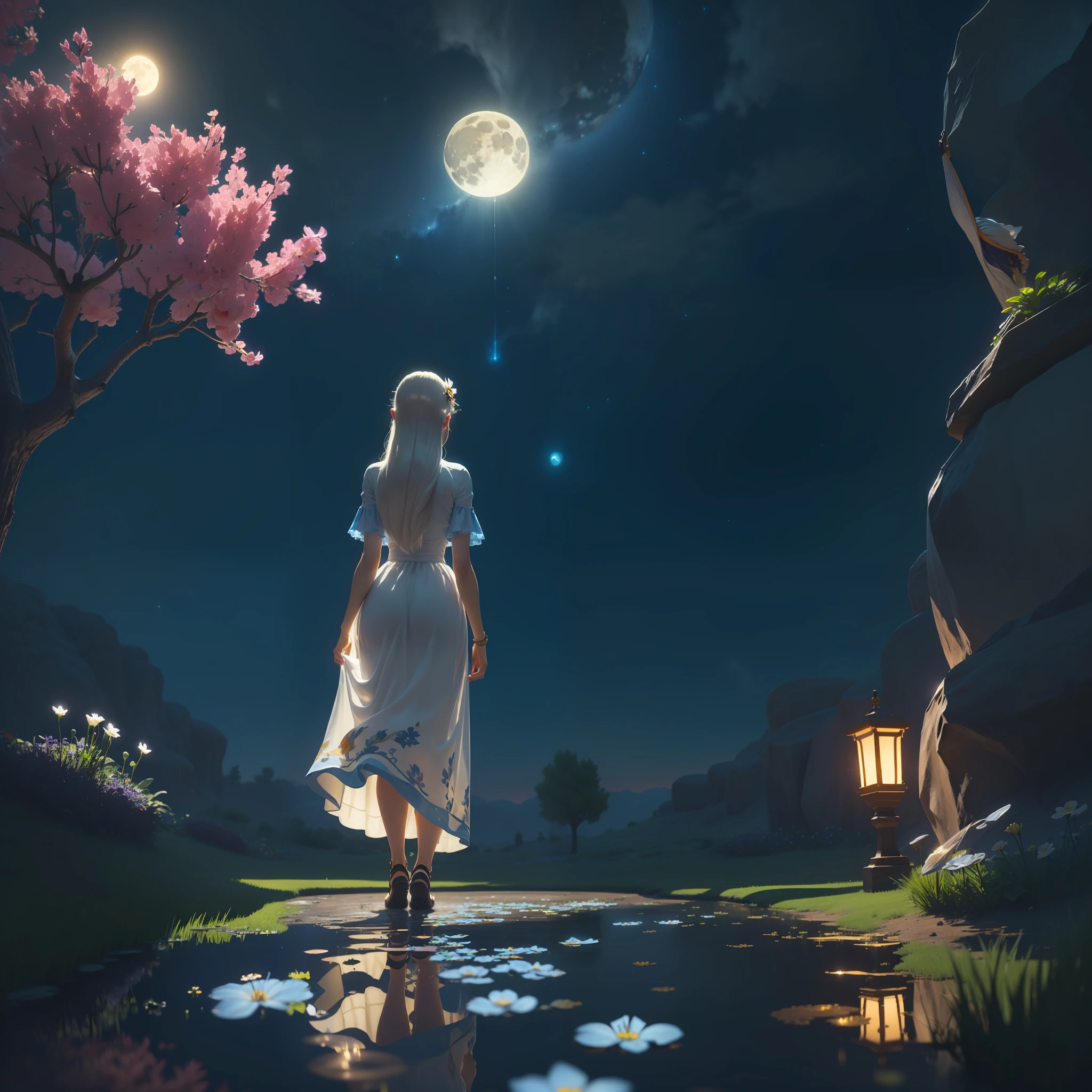 Open landscape , Landscape , Panorama shot , (Looking up/down) , Girl in flower garden looking up , (Full moon: 1. 2) , (Shooting star: 0. 9) , (Nebula: 1. 3) , Starry sky , White flower garden , Shining flower garden , Fantastic flower garden , Trees , (Warm light source: 1. 2), (Firefly: 1. 2), Lamp 3), Starry sky, White flower garden, (Warm color Light Source: 1. 2), (Firefly: 1. 2), Lamp, Orange and Blue Fine Detail, (Masterpiece: 1. 2), (Top Quality), 4k, Ultra Fine Detail, (Dynamic Composite: 1. 2), (Top Quality), Lamp, Orange and Blue Voluminous Lighting Main Fine Detail BREAK ((Masterpiece: 1.2), (Top Quality), 4k, Ultra Fine Detail, (Dynamic Composite: 1.4), Very Fine Detail, Colorful Detail, (Iridescent: 1. 2), (Luminescent Lighting, Ambient Lighting), Dreamlike ( Ambient Lighting), Dreamy, Fantastic, (Solo: 1.2), Glitter, Glittering, Petals Dancing, Light Dancing, White Hair, Beautiful Hair, Long Hair, Hair Dancing, Back View, Puddle, Bubbles, Pose, Long Skirt, Pure White Dress, Lace Short Sleeved Dress, No Shoes

Translated with www.DeepL.com/Translator (free version)