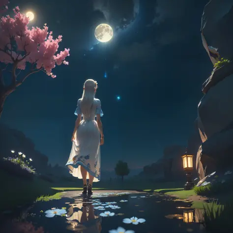 Open landscape , Landscape , Panorama shot , (Looking up/down) , Girl in flower garden looking up , (Full moon: 1. 2) , (Shootin...