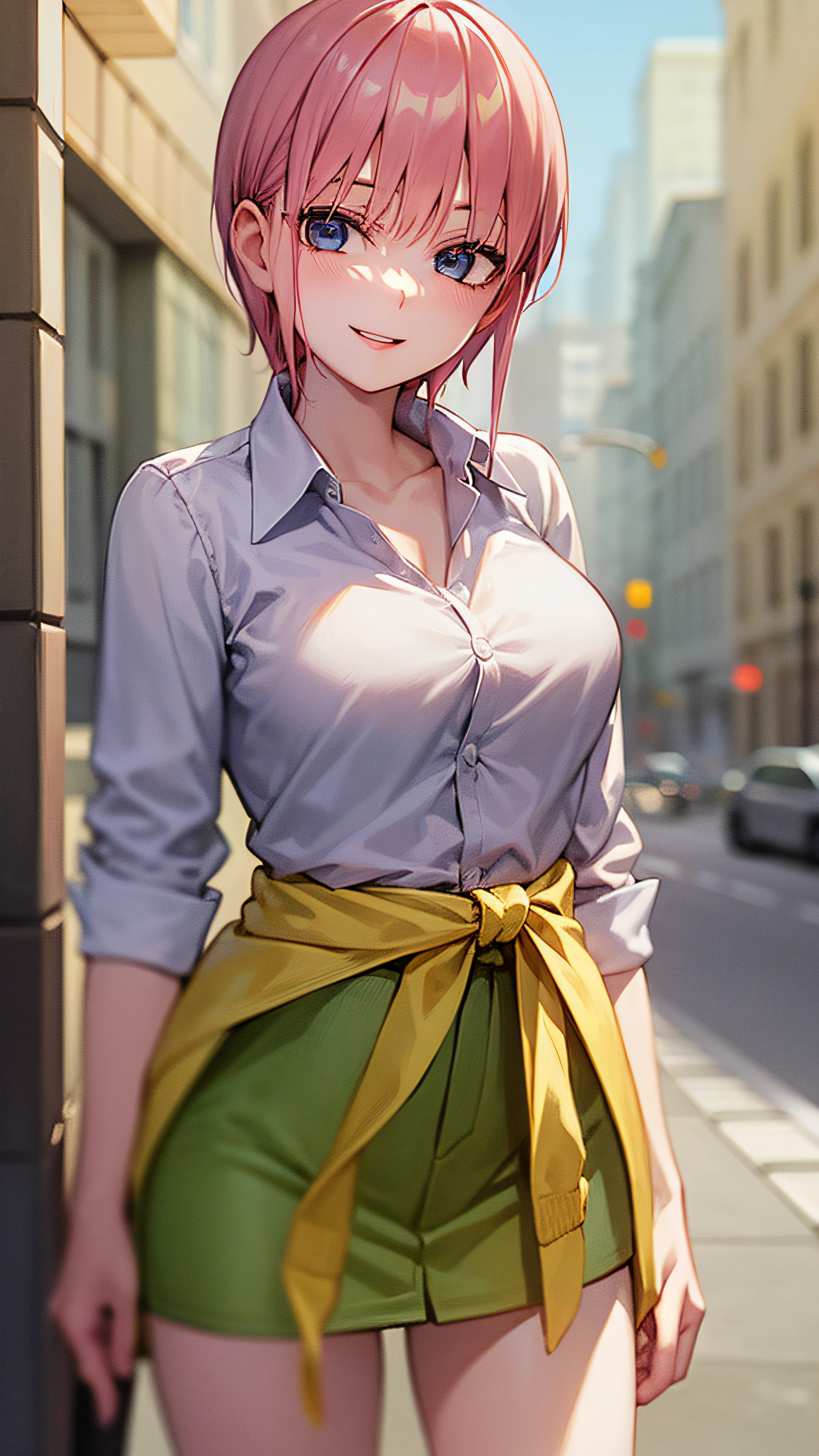 2d, masterpiece, best quality, anime, highly detailed, 1girl, solo, cowboy shot, nakano ichika, pink hair, short hair, cardigan around waist, collared shirt, green skirt, miniskirt, medium breasts, standing, school, outdoors, smile