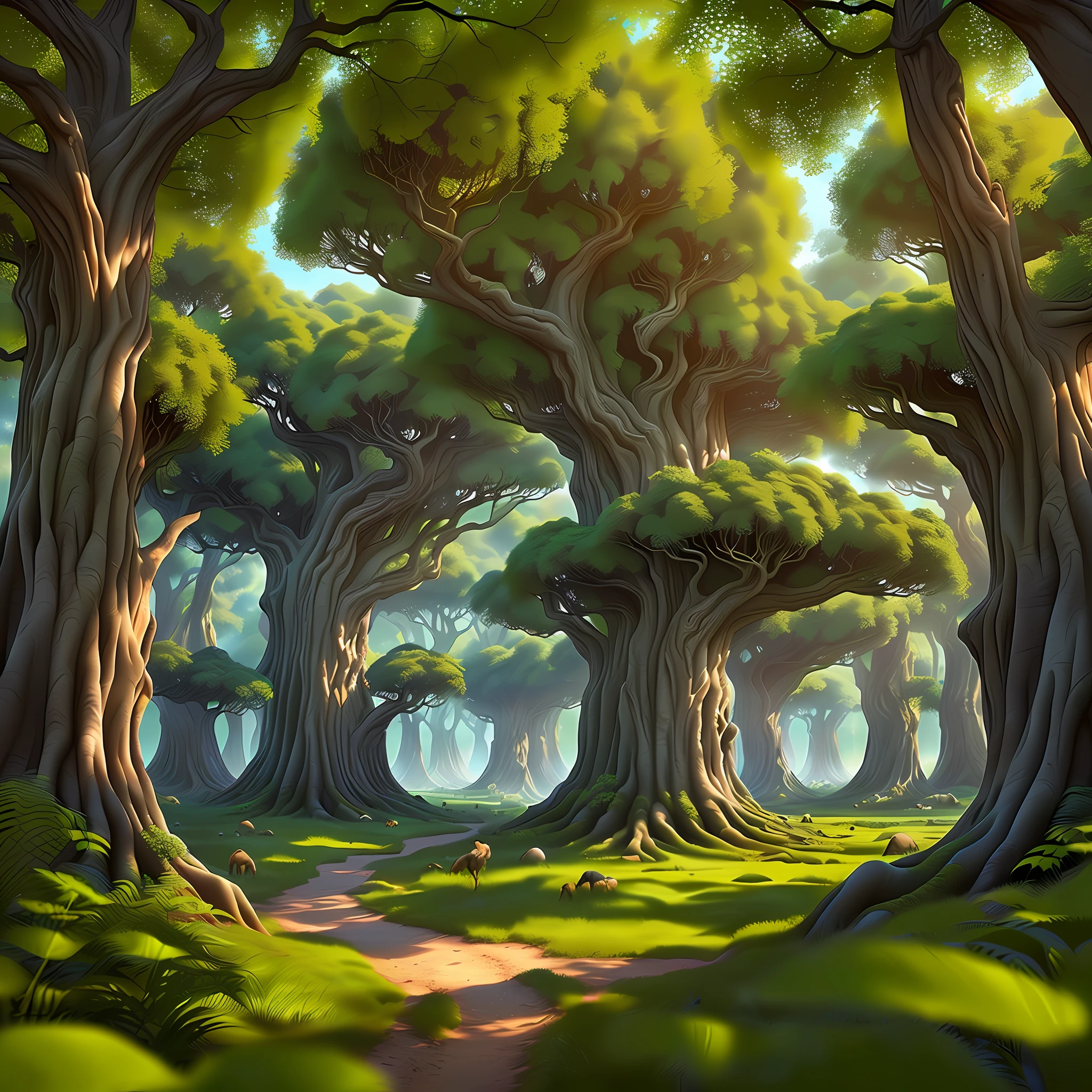 Design an abstract and fantastical psychedelic landscape set in a dense and lush forest. Let the trees morph into vibrant and whimsical forms, and populate the scene with mythical creatures like glowing fairies, majestic unicorns, and mischievous woodland spirits, highly detailed, master piece, 8k resolution
