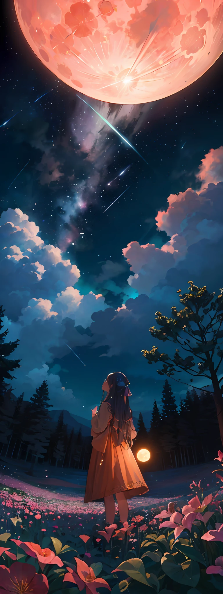 Expansive landscape photograph, (view from below with a view of the sky and wilderness below), (((little girl standing in a flower field looking up))), (full moon: 1.2), (shooting star: 0.9), (nebula: 1.3), distant mountain, tree break production art, (warm light source: 1.2), (firefly: 1.2), lamp, purple and orange, intricate detail, volume lighting, realism break (masterpiece: 1.2) (Best Quality), 4K, Ultra-Detailed, (Dynamic Configuration: 1.4), Highly Detailed and Colorful Details, (Iridescent Colors: 1.2), (Glowing Lighting, Atmospheric Lighting), Dreamy, Magical, (Solo: 1.2)
