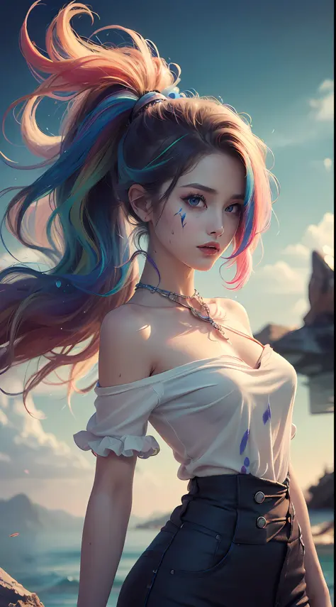 （Pink Fashion T-shirt：1.9），(Colorful hair: 1.8), (all the colours of the rainbow: 1.8),(((((vertical painting：1.6))), （painting：...