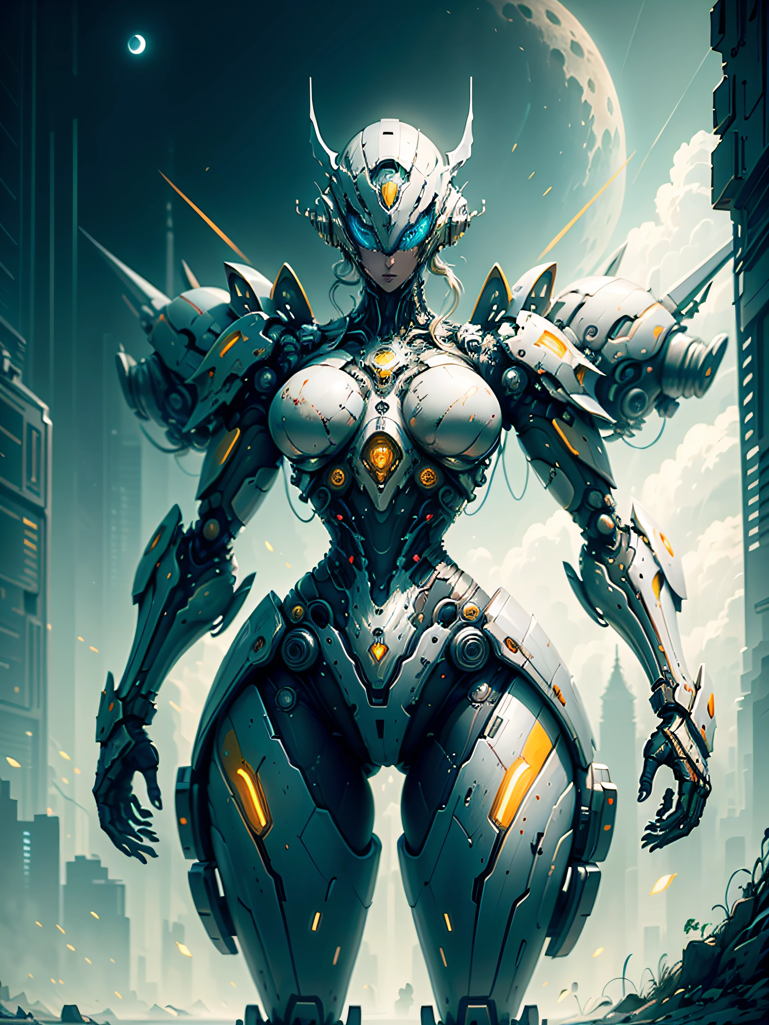 Espace marin, Marteau 40,000, monde en guerre, belle femme cyberpunk avec maître chef d&#39;armure mecha halo très détaillé, Mecha Warframe, couleurs vives, rouge, Blanc, bleu, vert, jaune métallisé, rouillé, Utilisé, taché de sang, avec ciel avec nuages et pleine lune et cuirassés, corps complet avec armure détaillée, champ de bataille sanglant,