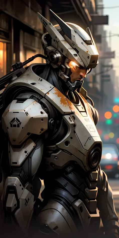 Portrait photo of an handsome male  ,perfect eyes ,  in a worn mecha exosuit,((light bokeh)), intricate, (steel metal [rust]), elegant, sharp focus, photo by greg rutkowski, soft lighting, vibrant colors, masterpiece, ((streets)), detailed face