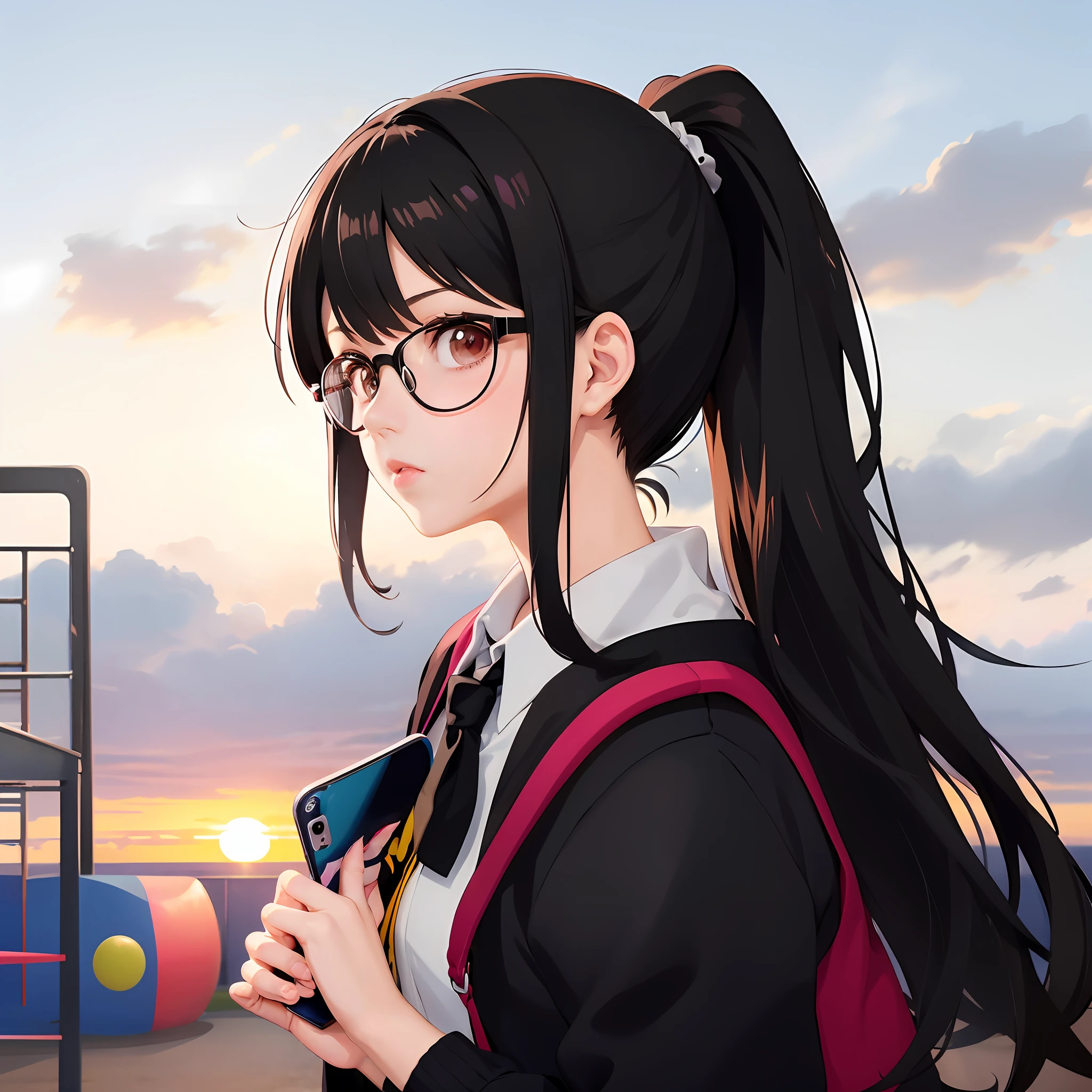 anime girl with ponytails and glasses looking at a cell phone, anime moe art style, Smooth anime CG art, visual novel key visual, visual novel cg, marin kitagawa fanart, anime visual of a cute girl, nagatoro, digital anime illustration, ; visual novel, anime style portrait, anime portrait of shiina ringo, beautiful anime high school girl