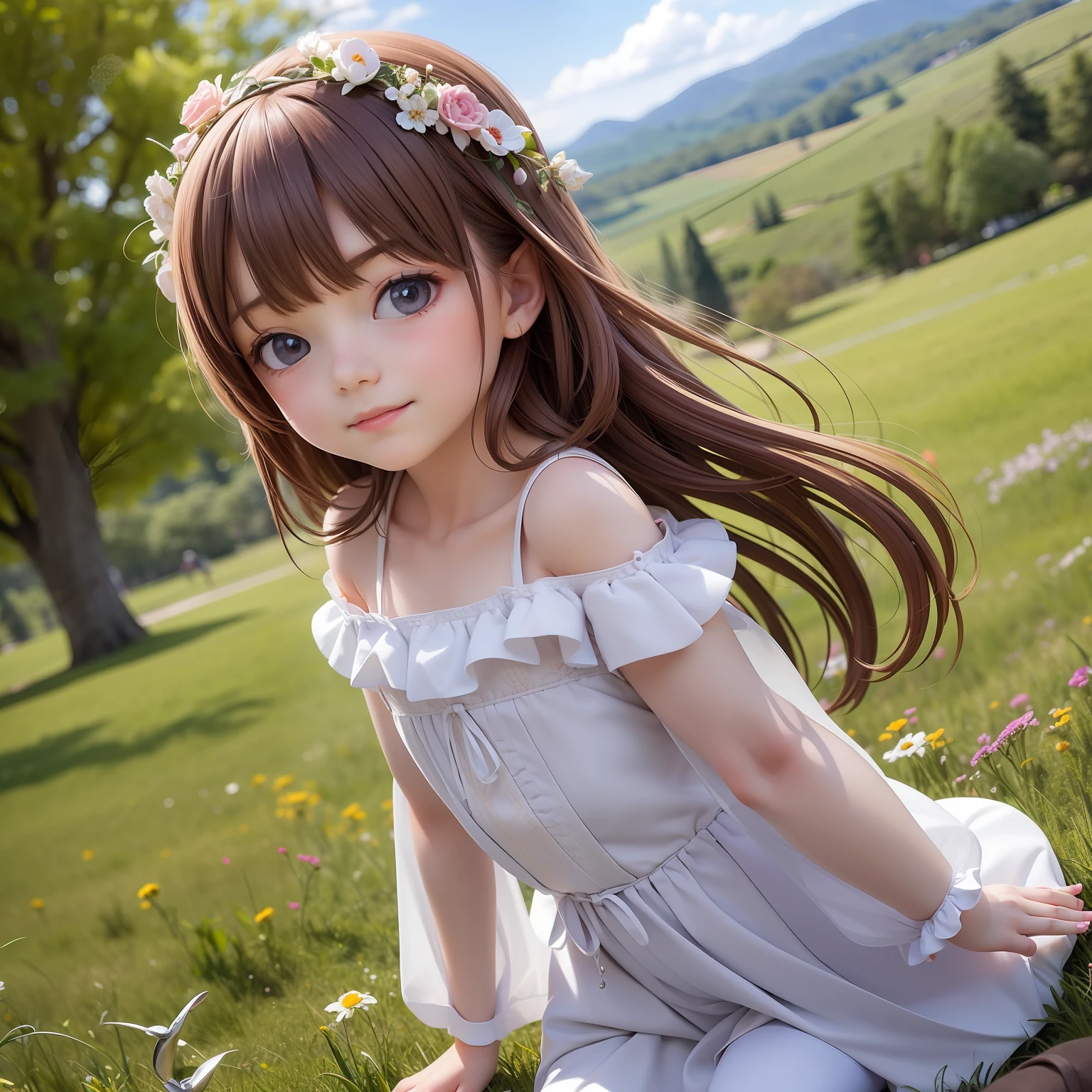 ((6year old girl:1.5)), 1 girl, loli, petite girl, complete anatomy, whole body, children's body, child, super cute, girl, little girl, beautiful girl, beautiful shining body, bangs,brown hair,high eyes,(aquamarine eyess), drooping eyes, petite,tall eyes, beautiful girl with fine details, Beautiful and delicate eyes, detailed face, Beautiful eyes, beautiful shining body, Smiles, happiness, 

Whole body angle, Alps, Shepherd's daughter, mountain girl, outdoor, alpine meadow,

natural light,((realism: 1.2)), dynamic far view shot,cinematic lighting, perfect composition, by sumic.mic, ultra detailed, official art, masterpiece, (best quality:1.3), reflections, extremely detailed cg unity 8k wallpaper, detailed background, masterpiece, best quality, (masterpiece), (best quality:1.4), (ultra highres:1.2), (hyperrealistic:1.4), (photorealistic:1.2), best quality, high quality, highres, detail enhancement,