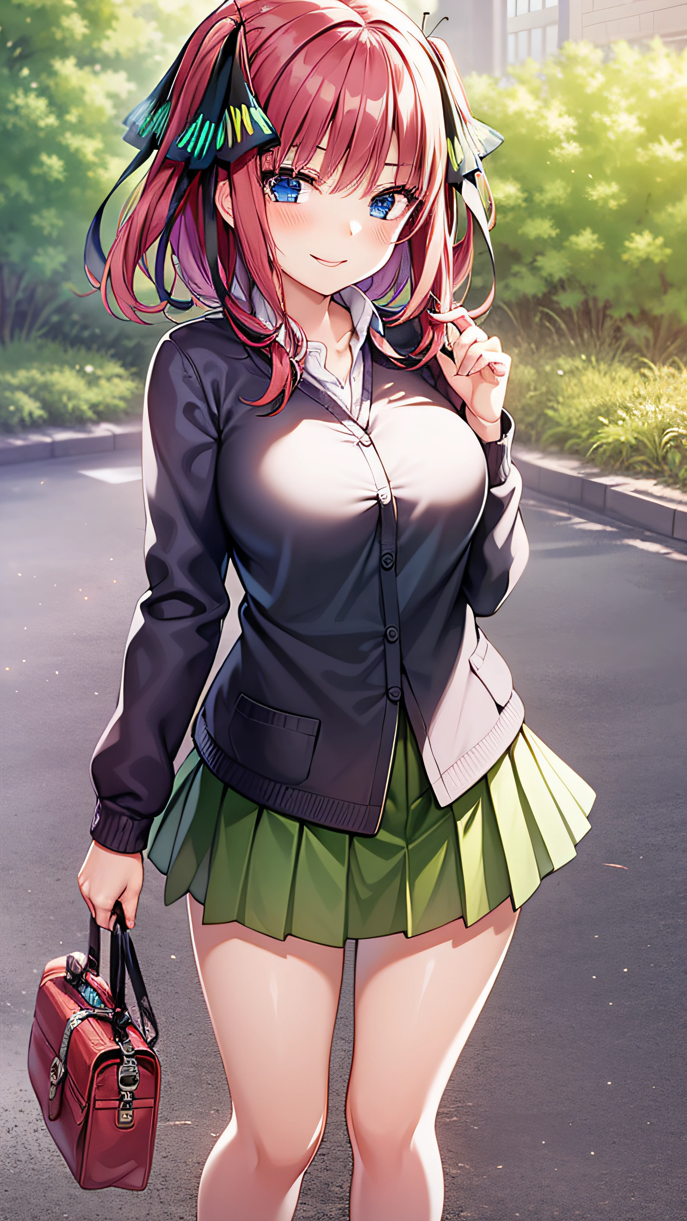 2d, masterpiece, best quality, anime, highly detailed, 1girl, solo, cowboy shot, nakano nino, pink hair, butterfly hair ornament, black cardigan, collared shirt, green skirt, miniskirt, medium breasts, standing, school, outdoors, smile