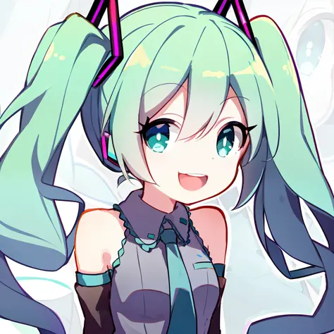 1girl,hatsune miku,avatar,twintails,laughing,aqua eyes,facial,face,anime,outline,looking at viewer,arms behind back