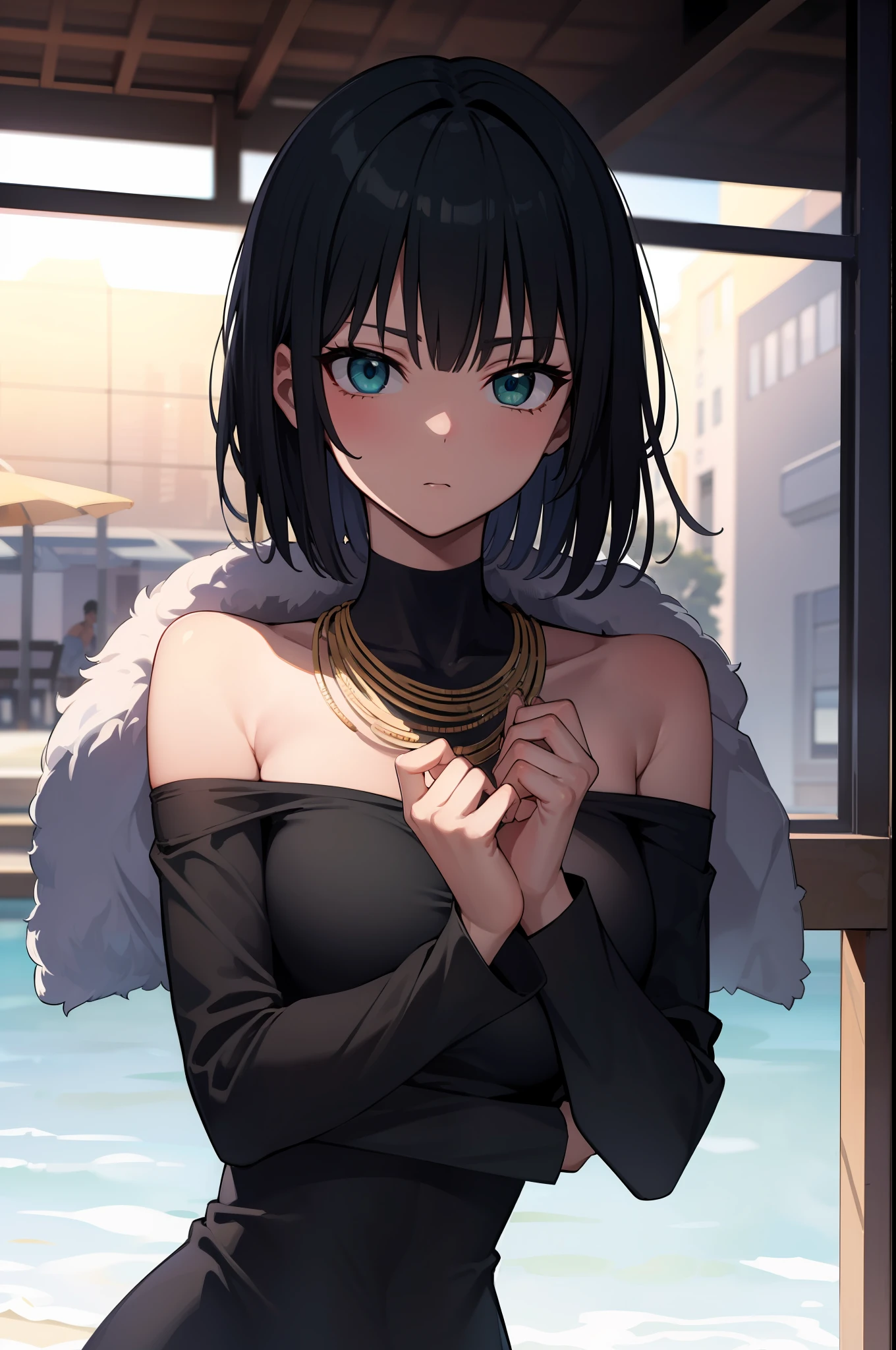 fubuki, fubuki, black hair, (green eyes:1.2), short hair,
BREAK black dress, dress, fur coat, high collar, jewelry, necklace, off shoulder, taut clothes, taut dress,,
BREAK outdoors, city,
BREAK looking at viewer, BREAK (masterpiece:1.2), best quality, high resolution, unity 8k wallpaper, (illustration:0.8), (beautiful detailed eyes:1.6), extremely detailed face, perfect lighting, extremely detailed CG, (perfect hands, perfect anatomy),