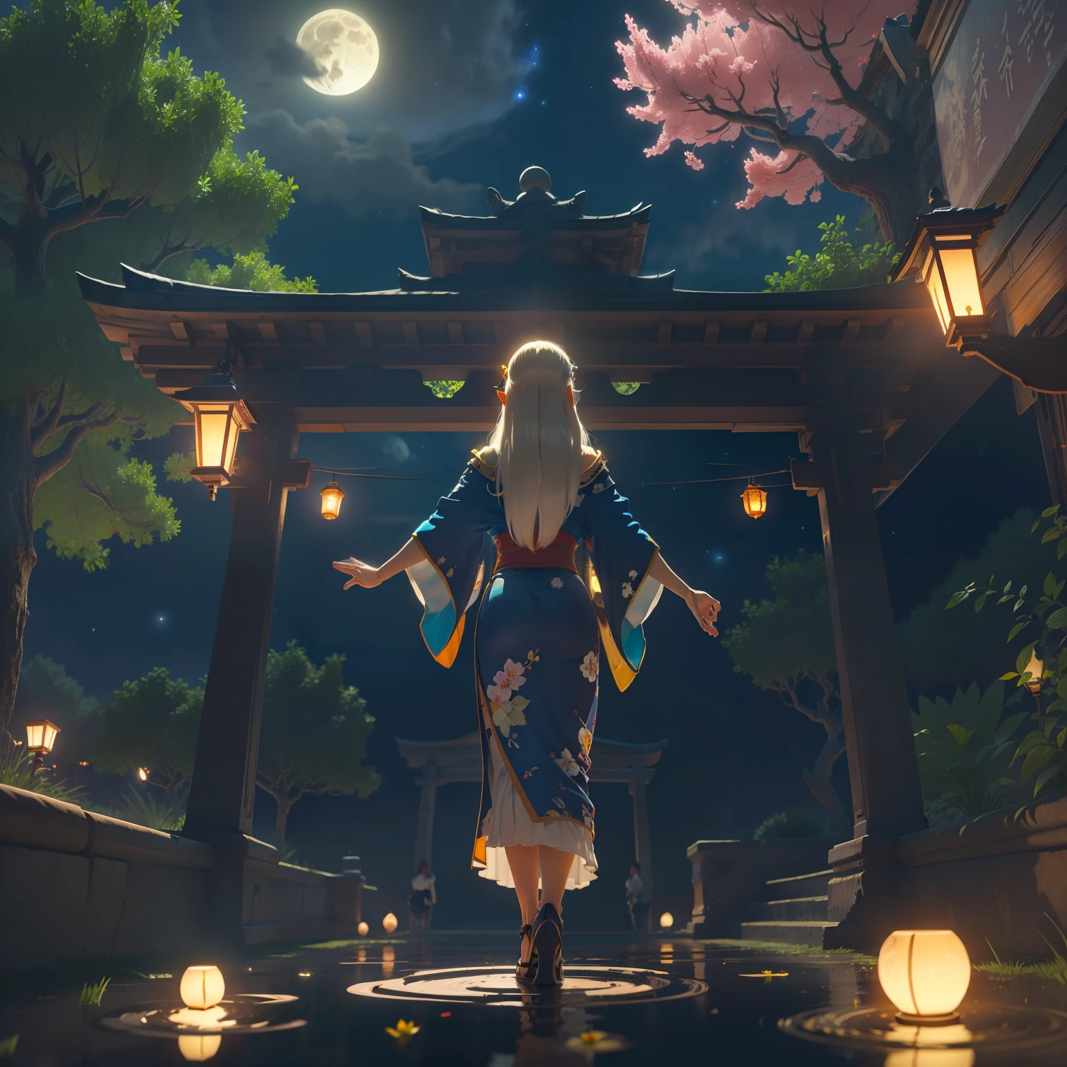 Open landscape , Landscape , Panorama shot , (Looking up, Looking down), Shrine maiden looking up, (Full moon: 1. 2), (Shooting star: 0. 9), (Nebula: 1. 3), Starry sky, Shining lantern, Fantastic cherry blossom tree, Trees, (Warm light source: 1. 2), (Firefly: 1. 2), Lamp 3), Starry sky, Torii gate, (Warm light source: 1. 2), ( (Firefly: 1. 2), Lamp, Orange and Blue Fine Detail, (Masterpiece: 1. 2), (Best Quality), 4k, Ultra Fine Detail, (Dynamic Composite: 1. 2), (Best Quality), Lamp, Orange and Blue Voluminous Lighting Main Fine Detail BREAK ((Masterpiece: 1.2), (Best Quality), 4k, Ultra Fine Detail, (Dynamic Composite: 1.4), Very Fine Detail, Colorful Detail, (Iridescent: 1. 2), (Luminous Lighting, Ambient Lighting), Dream like ( Ambient Lighting), dreamy, fantastic, (Solo: 1.2), sparkling, petals dancing, dancing light, white hair, beautiful hair, long hair, dancing hair, back view, puddle, dynamic pose, priestess outfit, priestess, red kimono