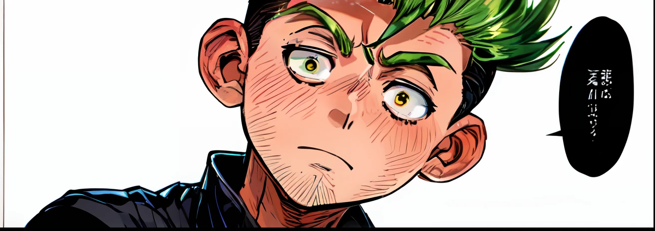 schwarze und olivgrüne Haarfarbe, ein Junge mit Irokesenschnitt, schwarze Jacke, Farbmanga, Manga-Farbe, Farbmanga, Farbmanga panel, Einfacher Hintergrund, ein weißer Hintergrund