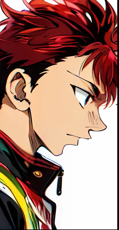 anime boy with black and red hair staring at something from side view, jacket, side view, color manga, manga color, color manga,...