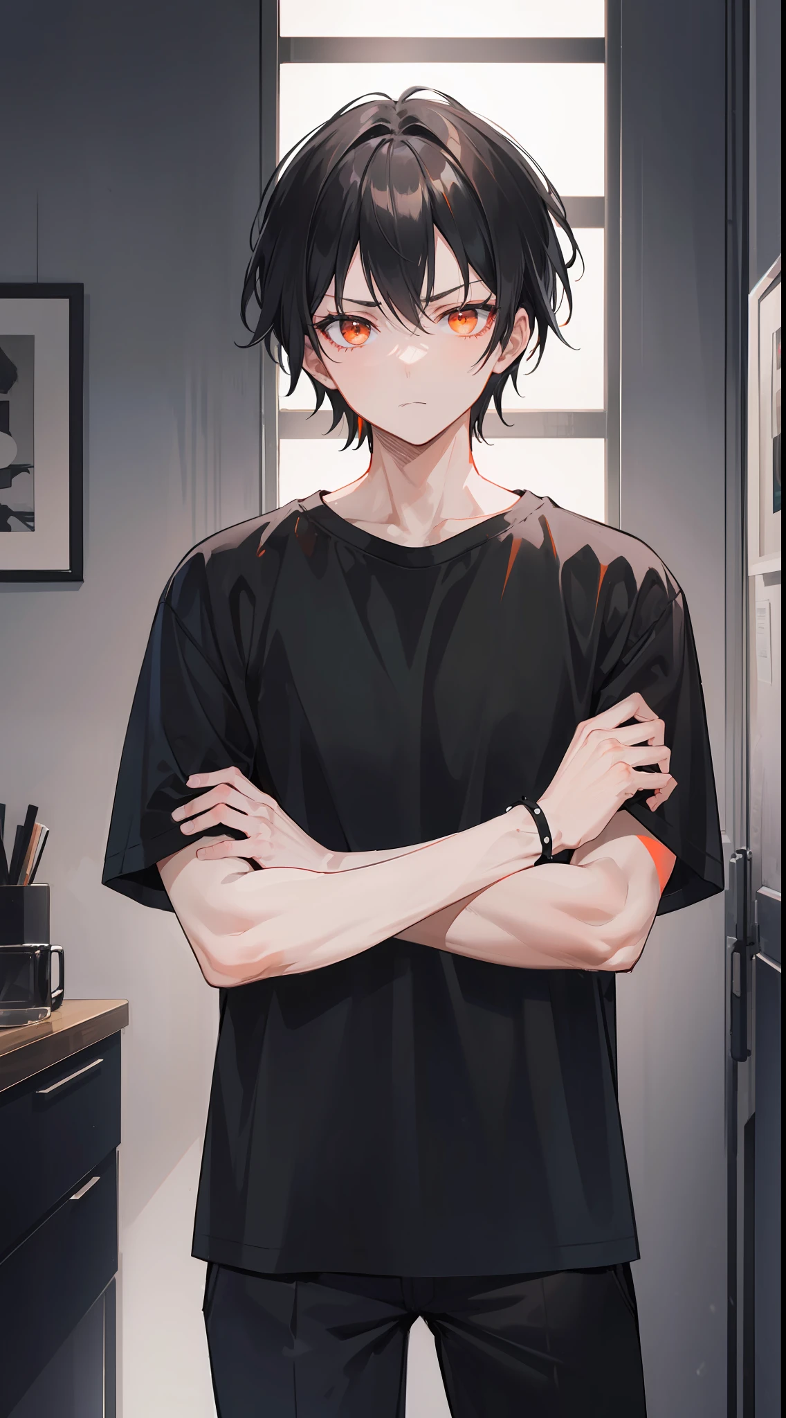 ((1man)) In a room, there was a man wearing a black shirt, with jet black hair and bright orange eyes, badass, Without expression, Her hair is a little spiky