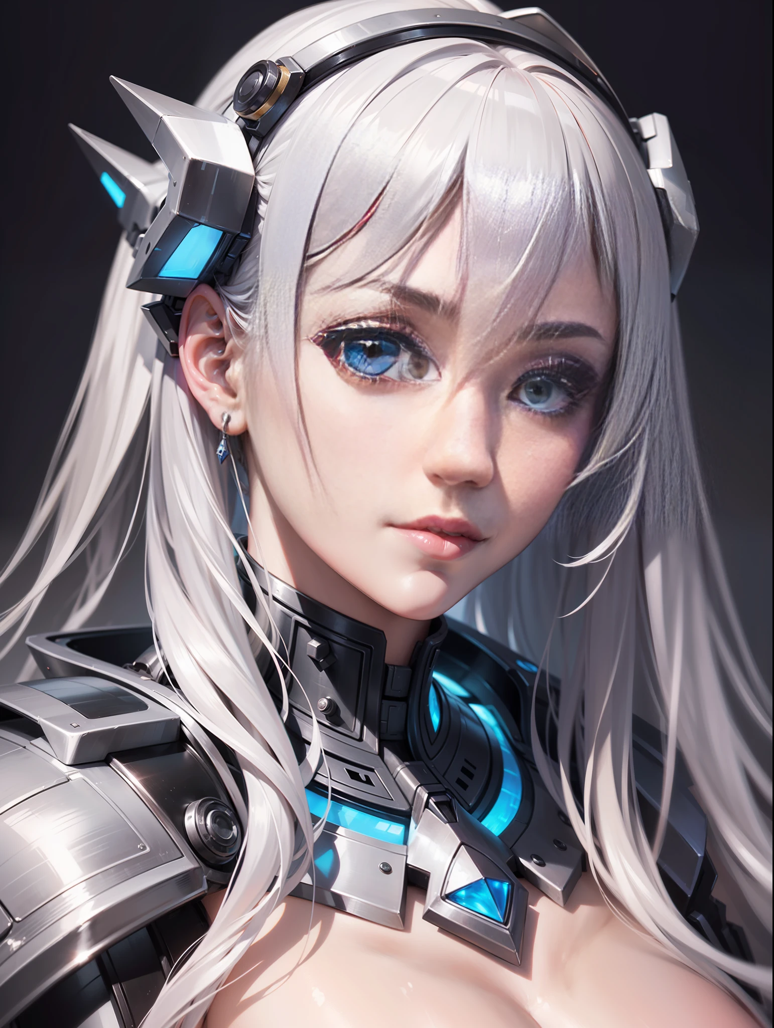 anime character with a bunch of flowers on her head, anime mecha aesthetic, best anime 4k konachan wallpaper, anime robotic mixed with organic, Detailed digital anime art, mecha asthetic, mechanized valkyrie girl, digital cyberpunk - anime art, advanced digital anime art, Guweiz on ArtStation Pixiv, cyberpunk anime girl mech, streaked hair, single sidelock, ahoge, horns, mole under eye, mismatched pupils, fox ears, evil smile, high detail, chiaroscuro, outside border, tachi-e, cowboy shot, UHD, textured skin, super detail, best quality, highres, 1080P, anatomically correct, masterpiece