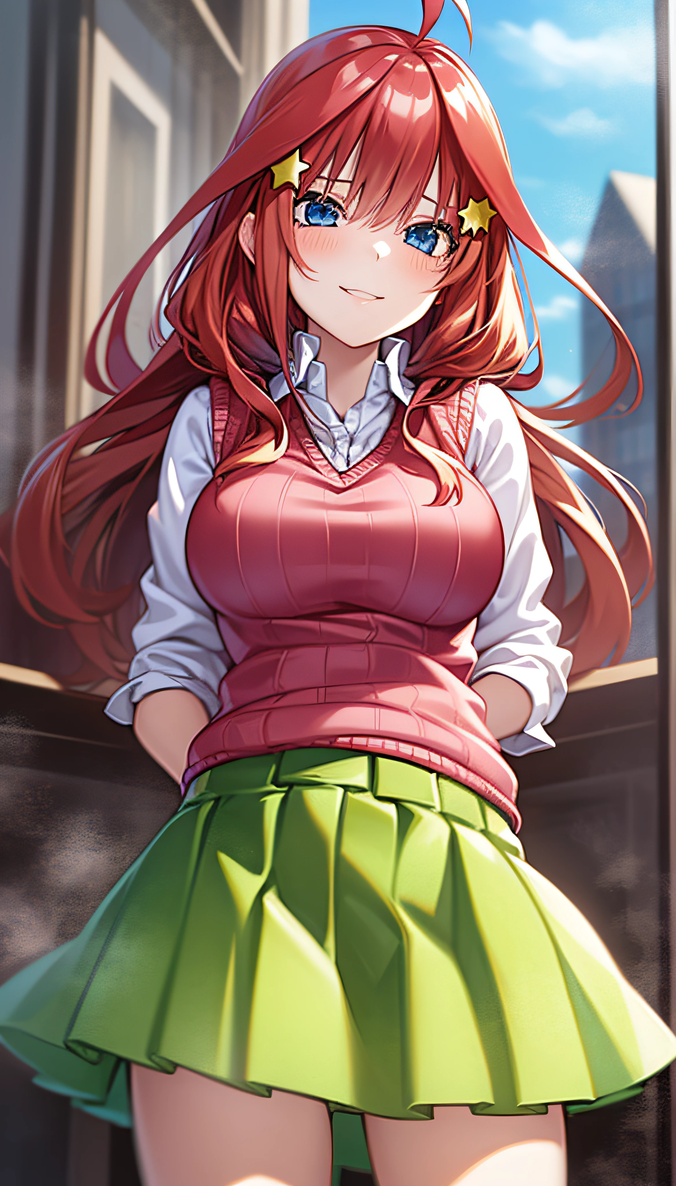 2d, masterpiece, best quality, anime, highly detailed, 1girl, solo, cowboy shot, nakano itsuki, red hair, long hair, star hair ornament, ahoge, red sweater, collared shirt, green skirt, miniskirt, medium breasts, standing, school, outdoors, smile