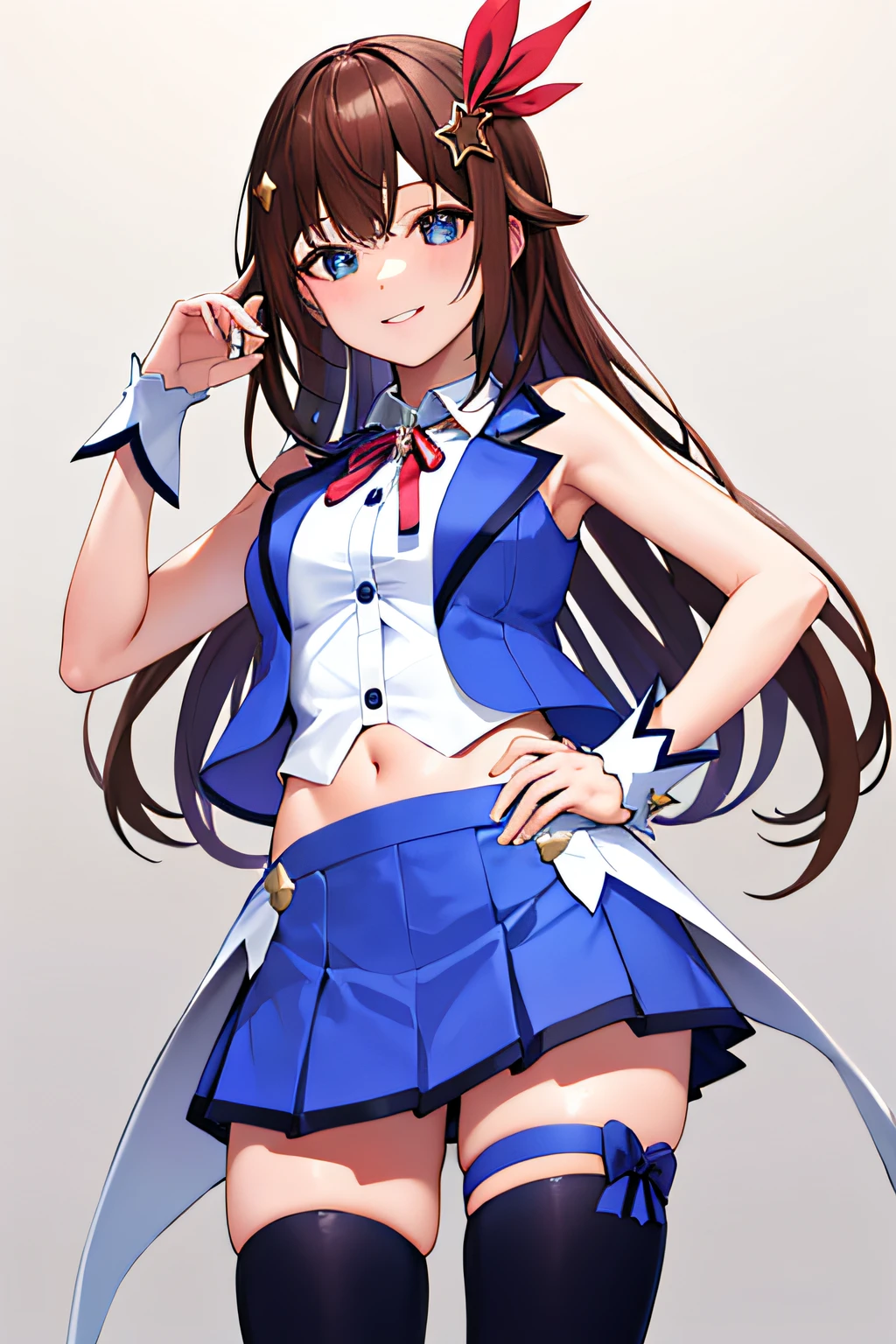 masterpiece, best quality, highres, ts1, white shirt, blue vest, sleeveless, blue thighhighs, blue skirt, waist cape, wrist cuffs, leg ribbon, neck ribbon, midriff, breasts, cowboy shot, filed, hand on hip, smile. white background