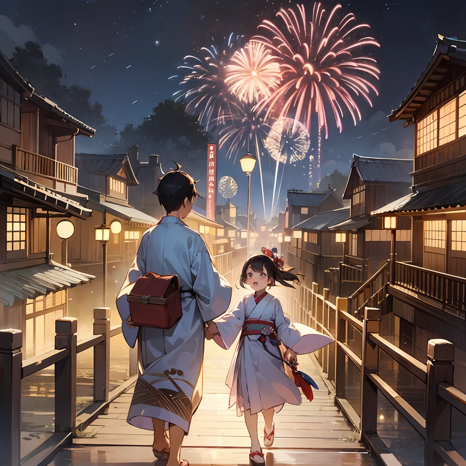 Walking hand in hand with mother at fireworks display venue５There is a girl of year old, traditional japanese concept art, [ Fireworks in the sky ]!!