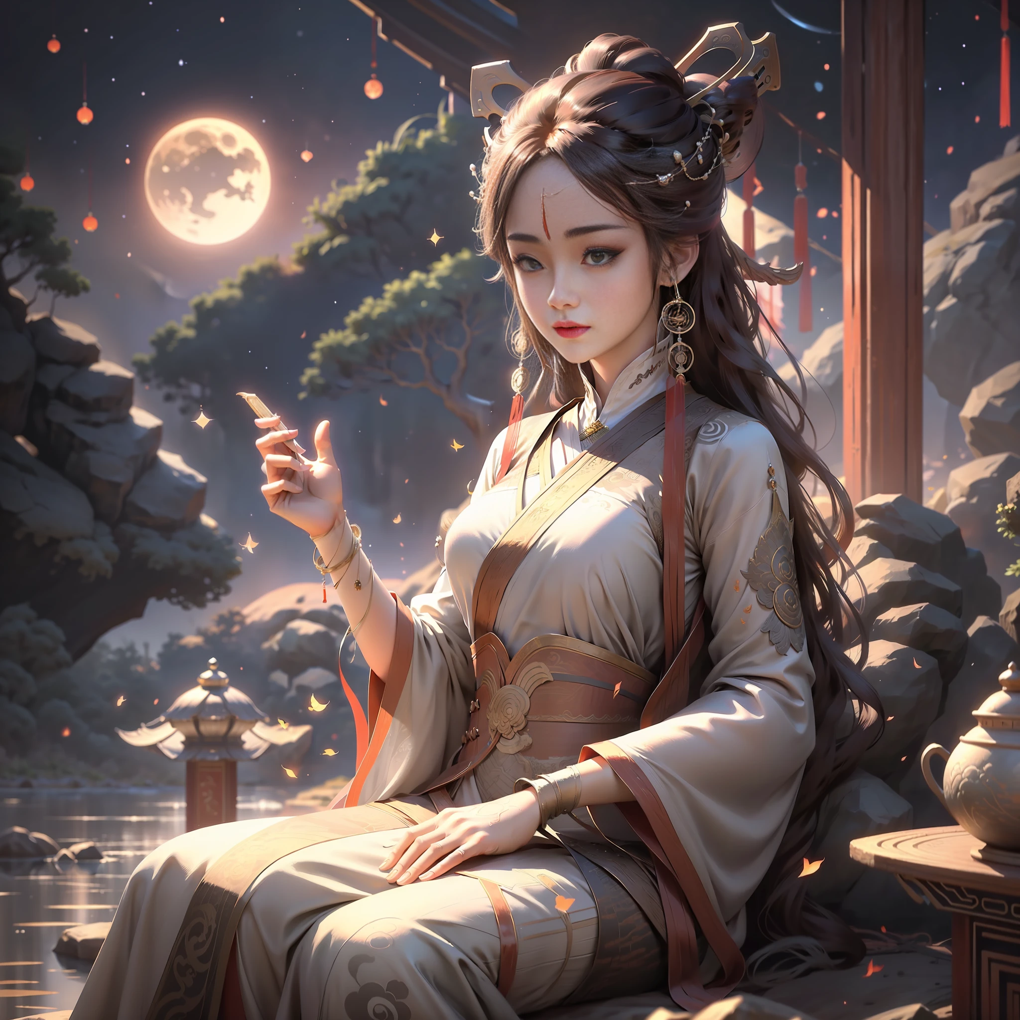 고대 중국 스타일의 여신，화려한 중국옷을 입고，예약되어 있고 고귀한。그녀는 밝은 달 아래서 독립한다，멀리서 광대한 별의 강을 바라보세요。