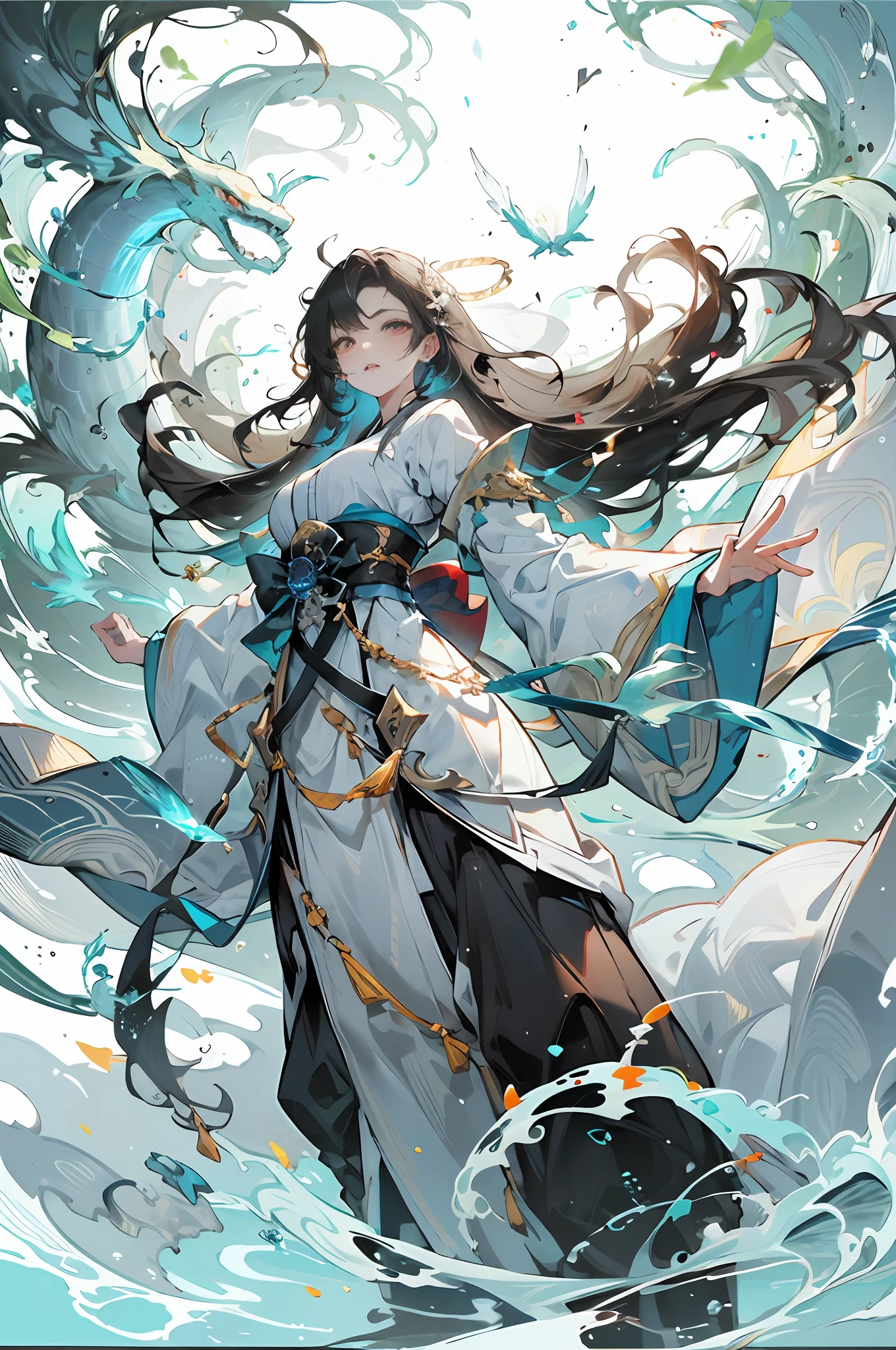 Characters fly in the air，Wearing a white robe，Splashes and waves in the background，The character occupies the center of the picture，The hue is blue，Blue water splashes fly in the air，A huge white snake hovered in the air，cwoman，The picture shows a woman with long hair，White Long Dress，beutiful，purebliss，elegence，Free posture