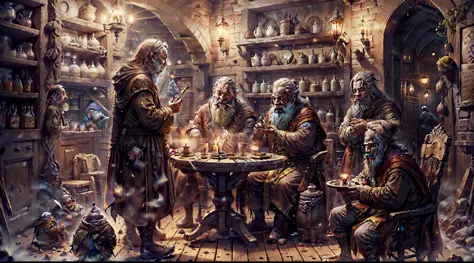 A large brown-robed wizard converses with several dwarves in a tavern, - Taberna Escura, Velas