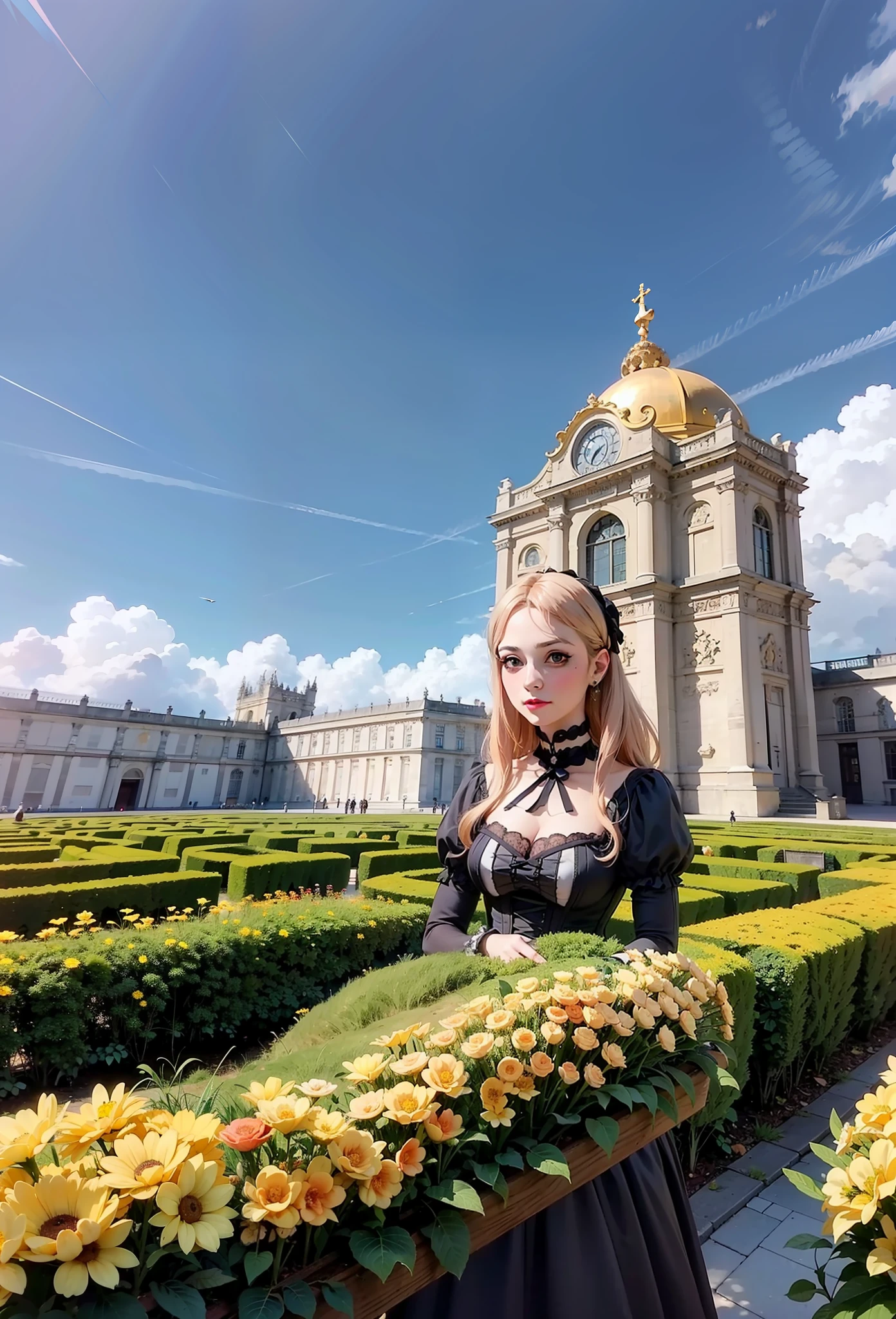 Masterpiece, Best quality, ultra-highresolution,  OlgaAbramovich (Face focus:1.2), (Photorealistic:1.4) , a blond , thin waists,  Blushing, pink cheeks, station, (photo from above), tight corset, ( black Victorian style dress, Beautiful face, Makeup:1.4), Chateau de Versailles, Pisa Baptistery Of St. John background, Flowers, ModelShoot style, neutral expression