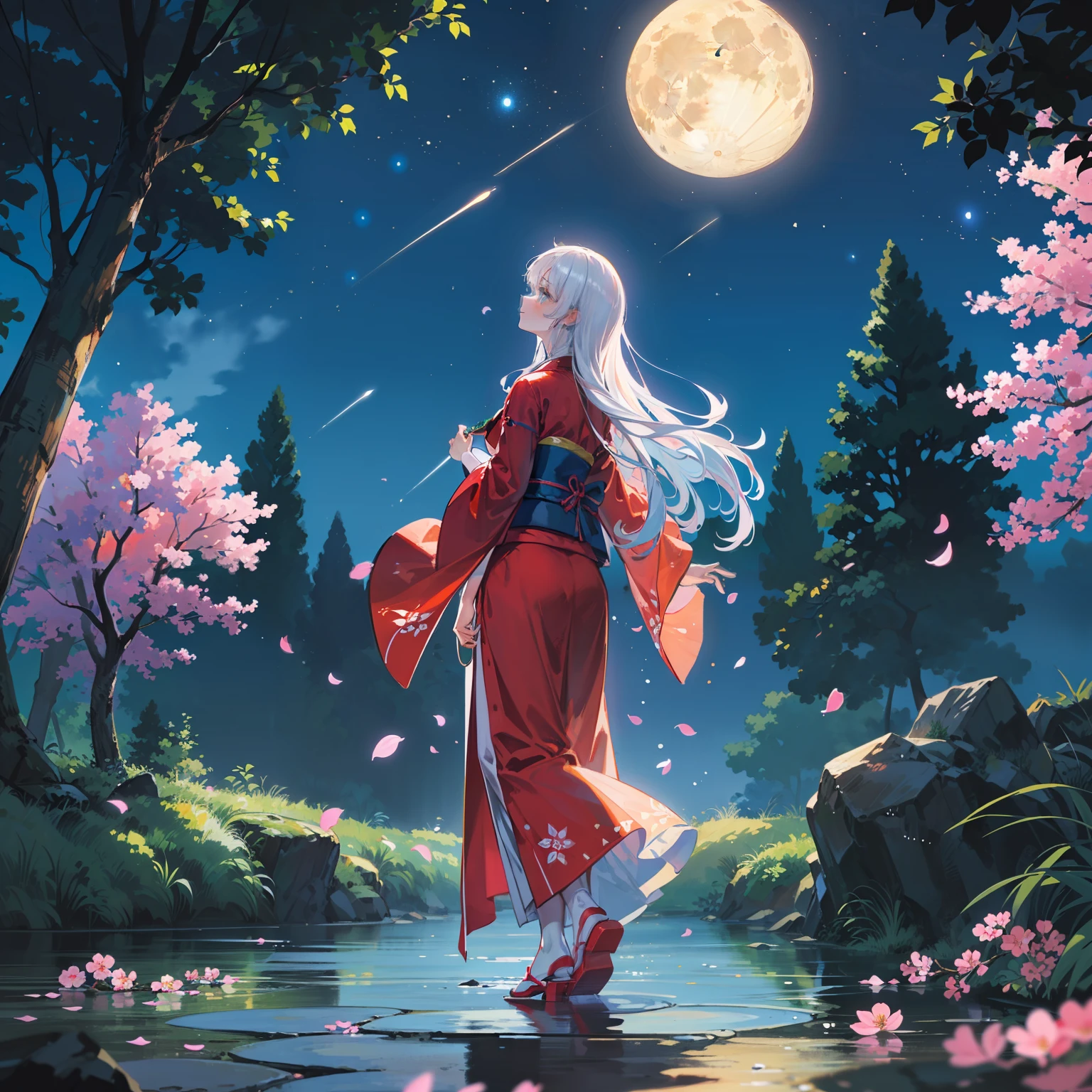 Open landscape , Landscape , Panorama shot , (Looking up, Looking down), Shrine maiden looking up, (Full moon: 1. 2), (Shooting star: 0. 9), (Nebula: 1. 3), Starry sky, Shining lantern, Fantastic cherry blossom tree, Trees, (Warm light source: 1. 2), (Firefly: 1. 2), Lamp 3), Starry sky, Torii gate, (Warm light source: 1. 2), ( (Firefly: 1. 2), Lamp, Orange and Blue Fine Detail, (Masterpiece: 1. 2), (Best Quality), 4k, Ultra Fine Detail, (Dynamic Composite: 1. 2), (Best Quality), Lamp, Orange and Blue Voluminous Lighting Main Fine Detail BREAK ((Masterpiece: 1.2), (Best Quality), 4k, Ultra Fine Detail, (Dynamic Composite: 1.4), Very Fine Detail, Colorful Detail, (Iridescent: 1. 2), (Luminous Lighting, Ambient Lighting), Dream like ( Ambient Lighting), dreamy, fantastic, (Solo: 1.2), sparkling, petals dancing, dancing light, white hair, beautiful hair, long hair, dancing hair, back view, puddle, dynamic pose, priestess outfit, priestess, red kimono