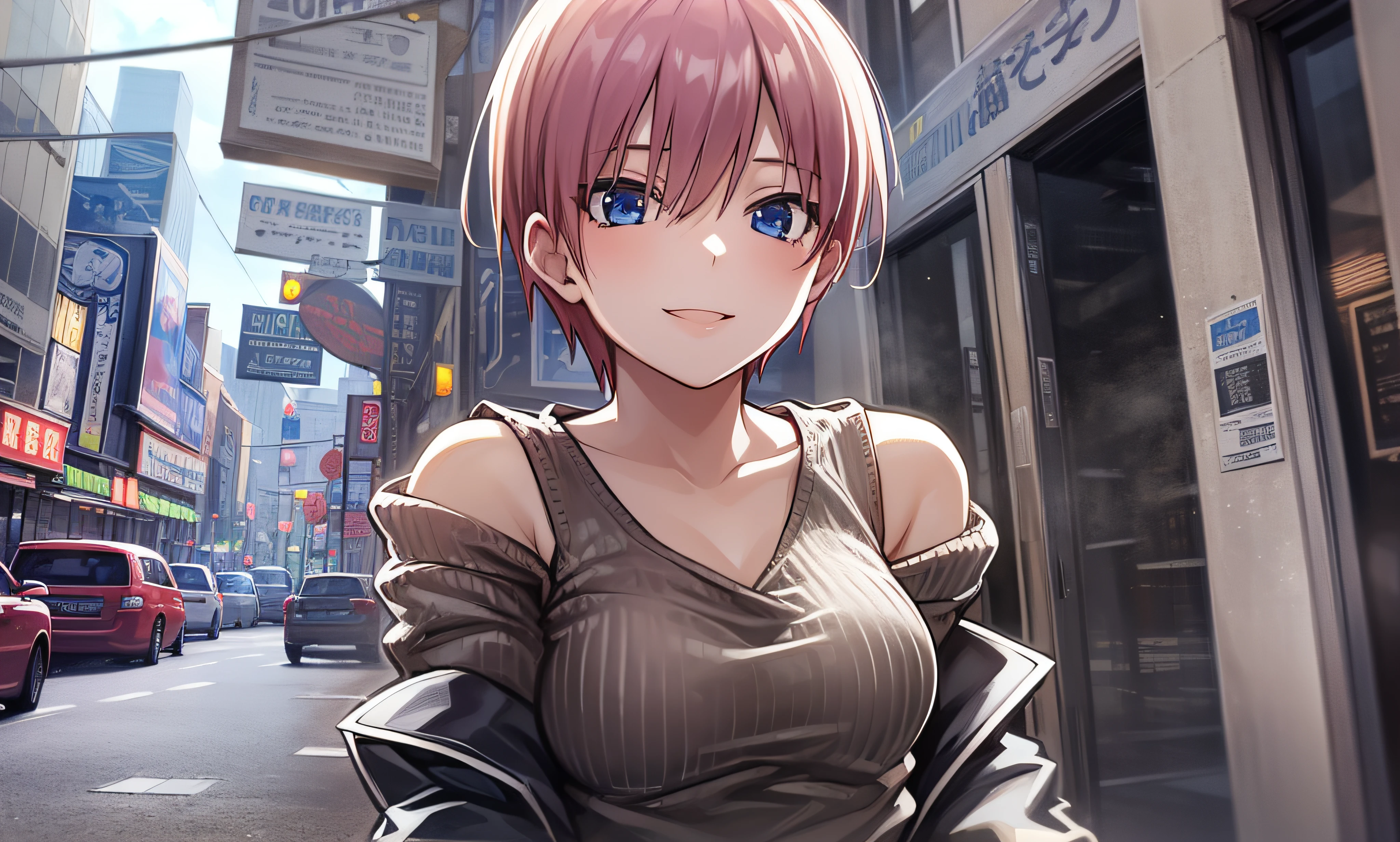 2d, masterpiece, best quality, anime, highly detailed, 1girl, solo, cowboy shot, nakano ichika, pink hair, short hair, yellow sweater, off-shoulder sweater, collarbone, long sleeves, (black bra), medium breasts, smile, outdoors, city