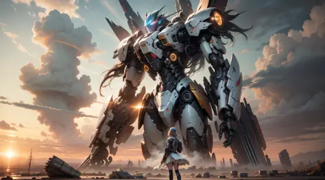 masterpiece,best quality,ultra-detailed,extremely detailed CG unity 8K wallpaper,1 girl,extremely delicate and beautiful,stand on an broken mecha,stare at sky,sunset