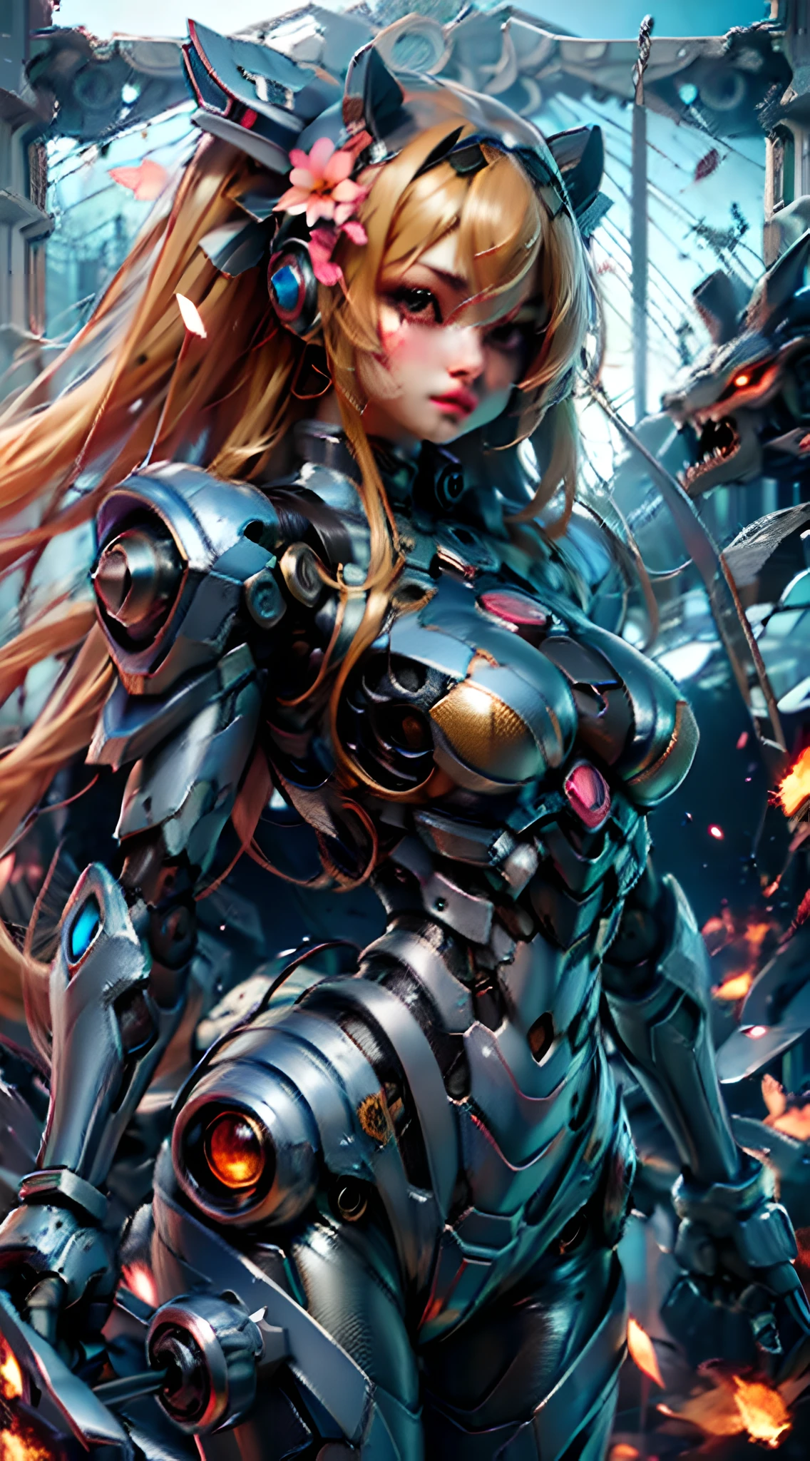 (Best quality),Masterpiece, An extremely delicate and beautiful girl, Extremely detailed, Amazing, finelydetail, officlal art, Ultra-detailed, high resolutions, a girl standing in front of the tiger, (Taoist), Beautiful detailed girl, light on face, withouth People, Floating blonde hair, mechamusume, mechanical mecha, Water, Mecha all, Pink Mecha, Honey Mecha, Mechanically,Burning cities, broken streets, ruins,moyou,horizon,(Full body:0.8),Upper Bust_Body,Cyborg,Taoist,Flower,Dragon ear,bathygosaurus，tarot，