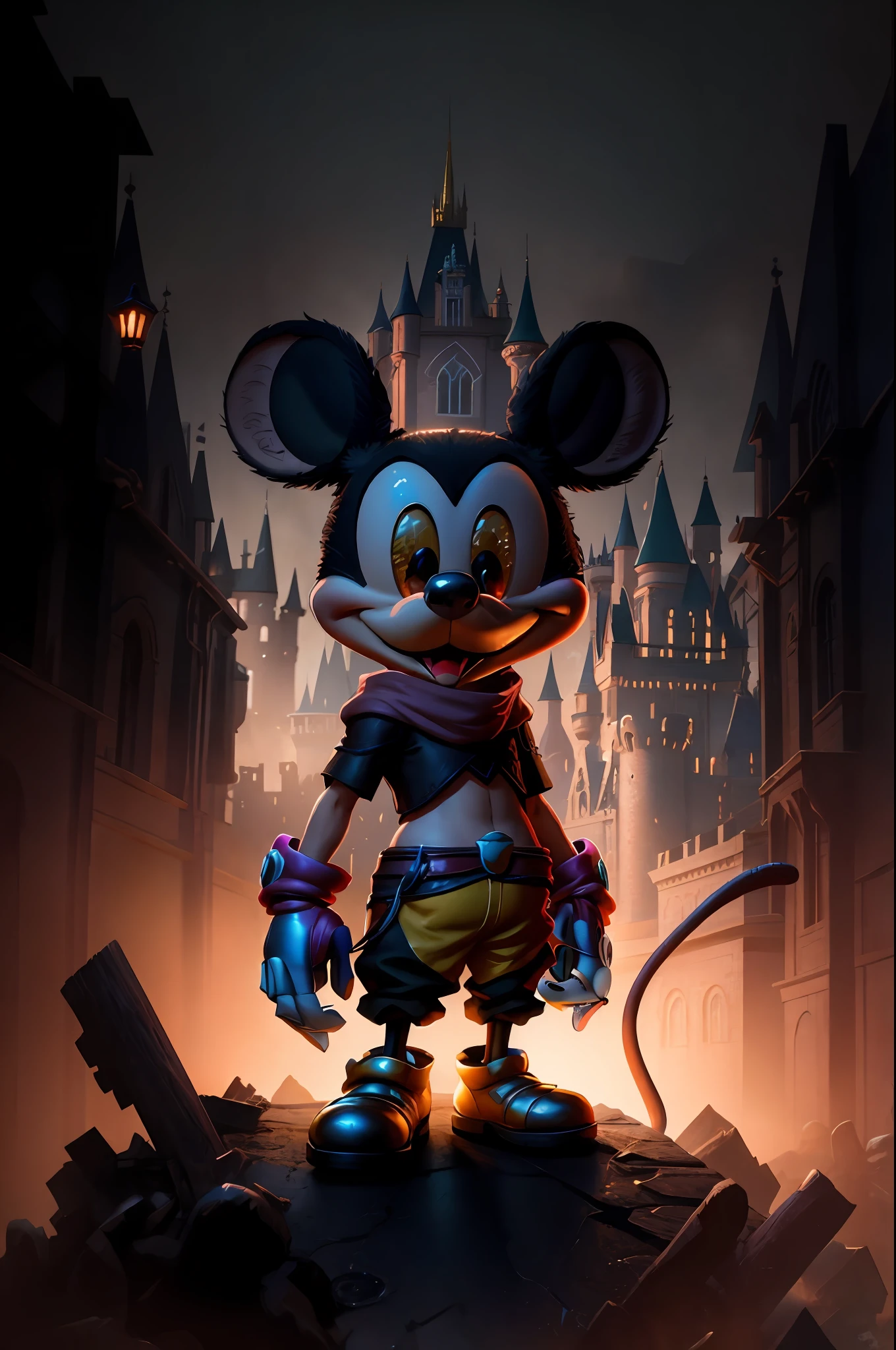 a cartoon mickey mouse stands in a dark room with a castle in the background, anthropomorphic mouse, mickey mouse, disney concept art, wojtek fus, disney render, art in the style of disney, high detailed official artwork, epic video game art, production art, official art, disney concept artists, 8k high quality detailed art, portrait of mickey mouse,cinematic,HD,ultra resolotion,Hyper detail,ultra realistis,8k