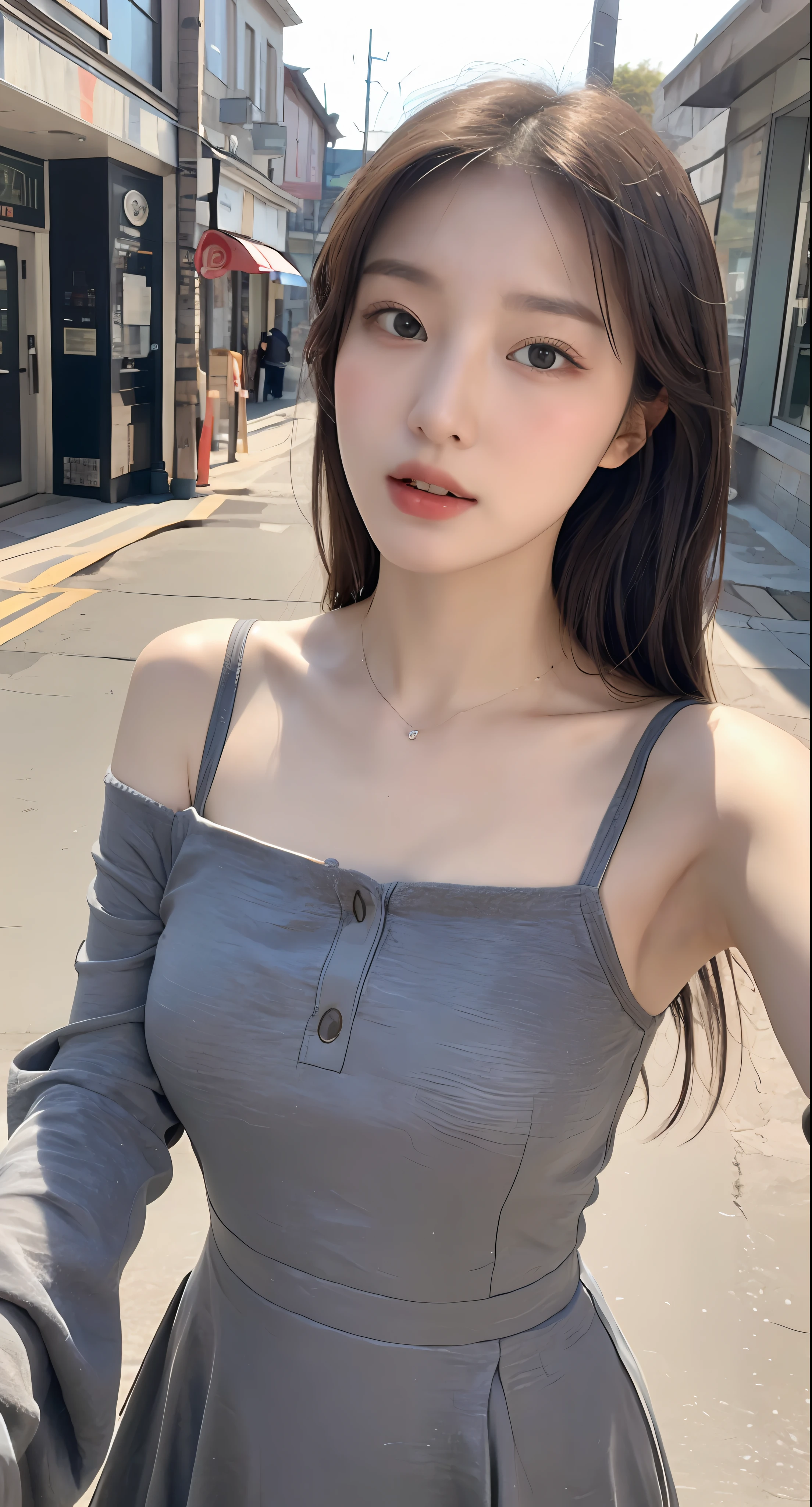 （1 Korean star of the royal sister style）,((best qulity, 8k, master-piece:1.3)), Focus:1.2, perfect figure beautiful woman:1.4 , (Funny expressions),In ancient streets Highly detailed facial and skin textures, detailed eye, Double eyelid，Whiten skin，(Air bangs:1.3),(Round face:1.5),(Thin shoulders。Wearing a cold dress for selfies