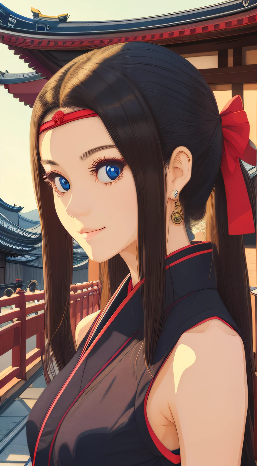 Ninja, Kyoto, kunoichi, half portrait of young woman 20 years old, buxom face, kind eyes, beautiful expression, smooth illustration, background five-story pagoda in Kyoto