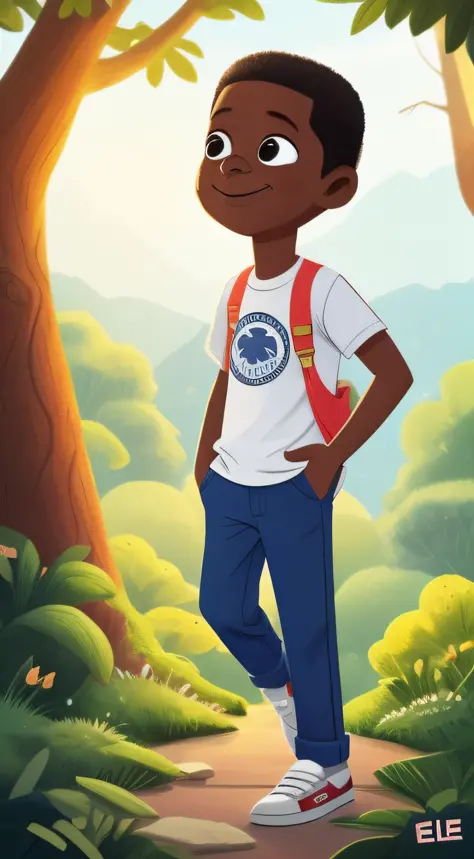 Imagine e desenhe um garoto chamado Pedro caminhando pela floresta encantada. Ele tem 8 anos de idade, pele castanha, cabelos castanhos enrolados, olhos escuros, camiseta amarela, blue pants and white sneakers.