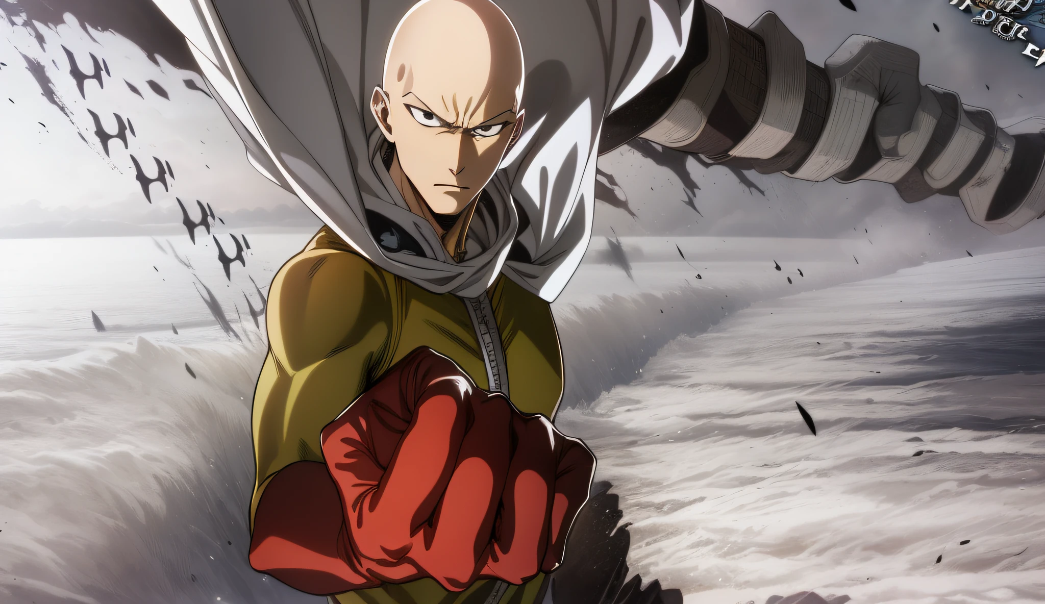 Anime-Figur mit rotem Handschuh, Ein Schlag Mann, Ein Schlag Mann manga, Saitama Ein Schlag Mann, Saitama, main image of anime like Saitama, handsome Saitama, portrait of Saitama, offizielle Kunst, Meisterwerk Anime, Glatze und bedrohlicher Blick, ein epischer Anime über einen energiegeladenen Mann, HQ-Kunstwerk