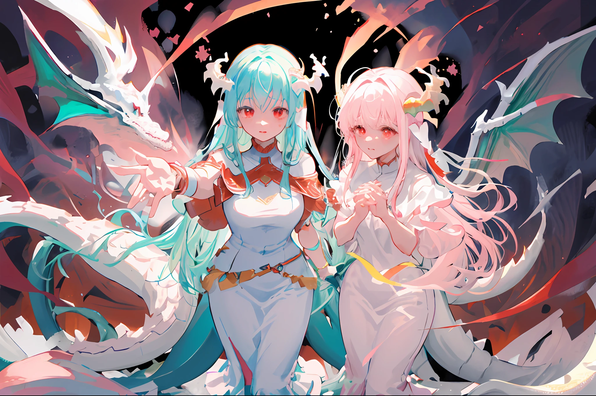 pink, white, 1girl, ninian fe, red eyes, long dress, jewelry, dancer, from above, foreshortening, shy, hands in front of chest, looking at hands, (1dragon, white dragon, dragon, dragon background:1.2)