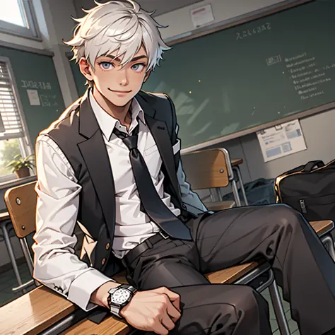 Boy, athelic body, detailed eyes, white long sleeve shirt, coat, long black pants, tie, watch, white socks, in classroom, bulge,...